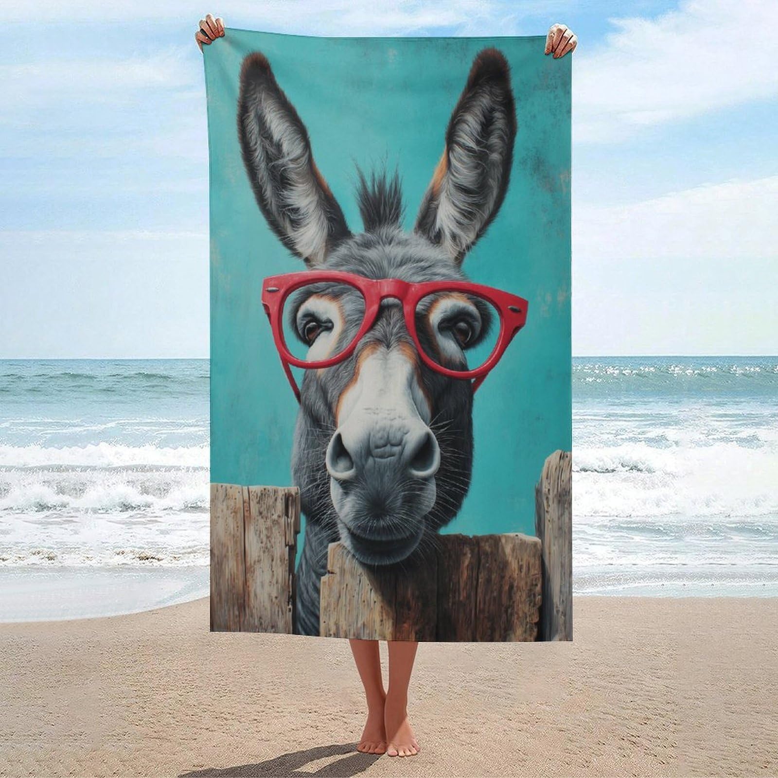 asbwuo Cute Donkey with Red Glasses Wooden Fence Beach Towel