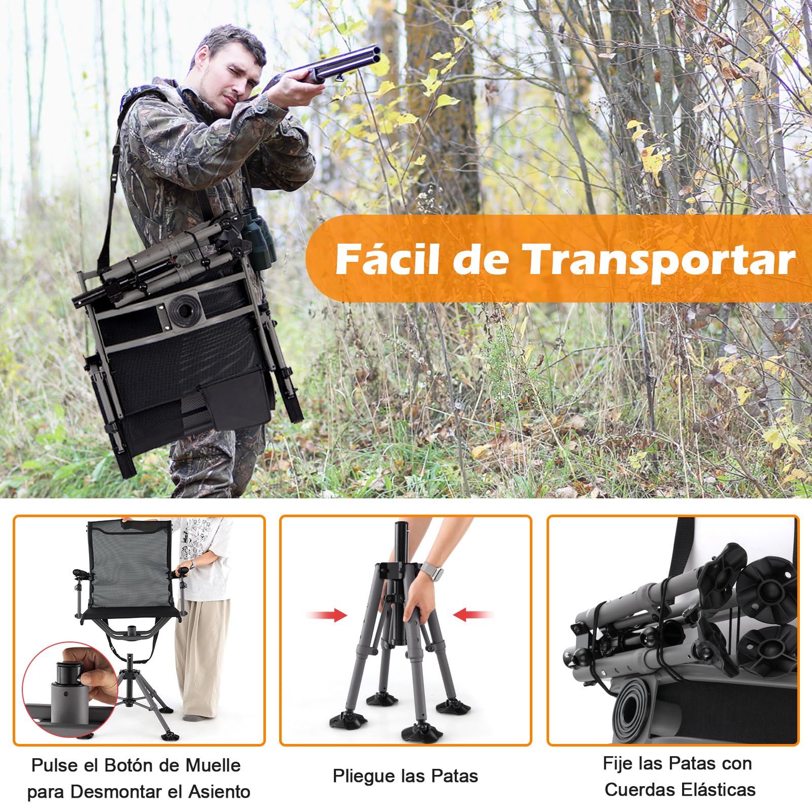 GOPLUS Silla de Caza Giratoria 360°, Silla Plegable con Patas Ajustables y Soporte para Arma, Respaldo Ergonómico y Reposabrazos Cómodos, Bolsillo de Almacenamiento, Sillas Silenciosa para Caza