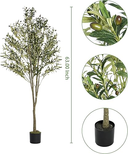 Miniatura 7 de JCHUAMU Árbol de olivo artificial de 5.2 pies de alto, árbol de seda de olivo en maceta con maceta, grandes ramas de olivo sintético y frutas, árbol
