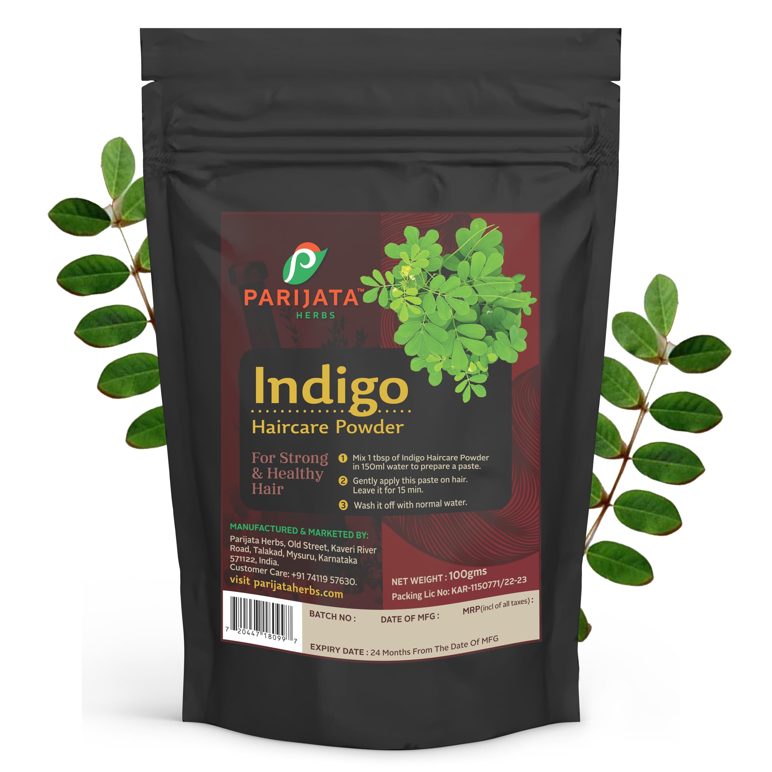 Parijata Herbs Indigo Powder for Hair Black | Indigo Powder 100 Grams - Natural Hair Colouring | No Added Colors - Plant Based Hair Color Leaf | Vibrant & Nourishing