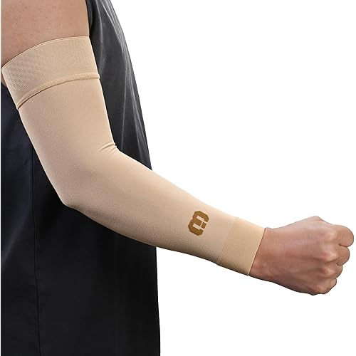 MGANG Lymphedema Compression Arm Sleeve for Women Men, Opaque, 15-20 mmHg Compression Full Arm Support with Silicone Band, Relieve Swelling, Edema, Post Surgery Recovery, Single Beige L