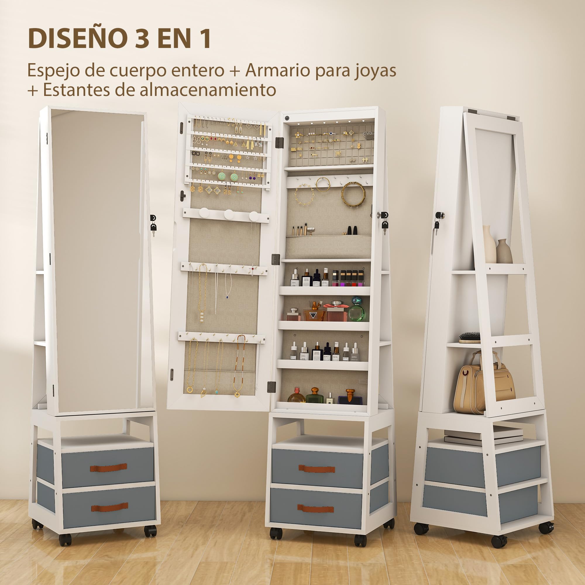 HOMCOM Espejo Joyero con Luces LED Interior, Armario para Joyas con Ruedas, Armario Joyero con Espejo Entero, Giratorio de 360°, Estantes Abiertos, Cajones de Tela, Blanco y Forro Crema