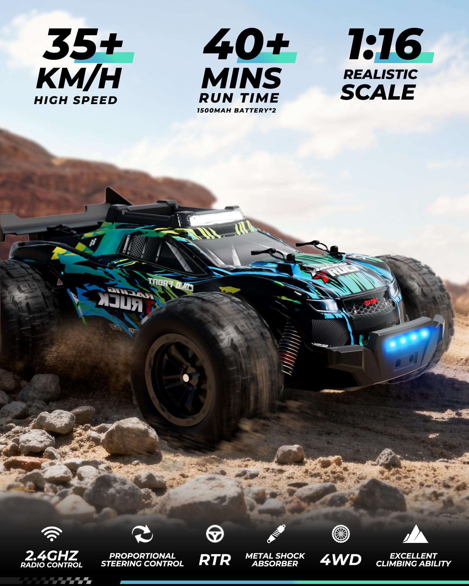 Kiztoys® Voiture Télécommandée, Voiture RC Monster Truck Télécommandée 2,4 GHz 1:16 Proportionnelle 4WD 35+ km/h Tout-Terrain, RC Truggy RTR Tout-Terrain Adapté Aux Adultes gGarçons Filles