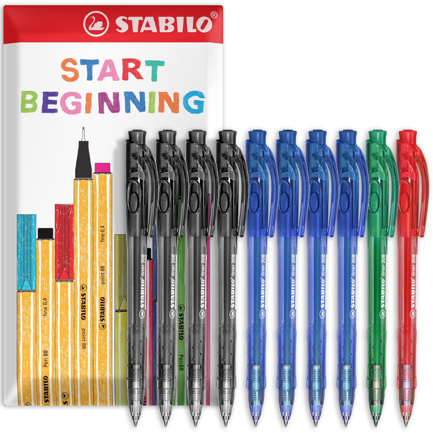 STABILO liner 308 - Retractable Ballpoint Pen - Fine 0.7mm Nib Pens - Envelope Gift Pack of 10 (Black, Blue, Green, Red)