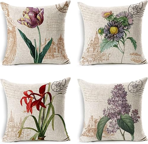 Yeefion LY-24 - Juego de 4 fundas de almohada decorativas de verano de 14 x 14 pulgadas, con flores vintage, suaves, para sofá, silla, cama, auto,