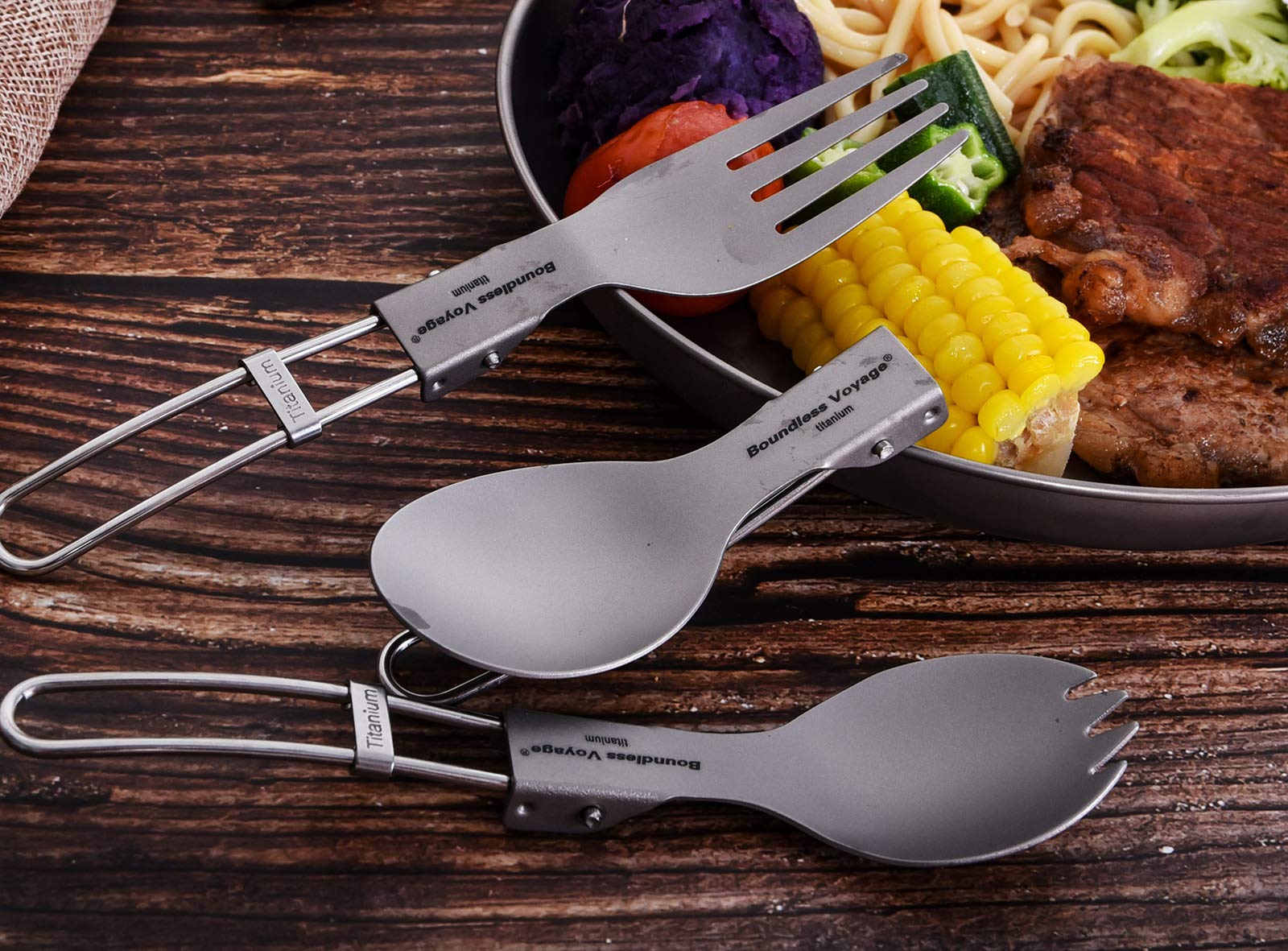 Boundless Voyage 5PCS Titanium Cutlery Set Titanium Spork Knife Spoon Chopsticks