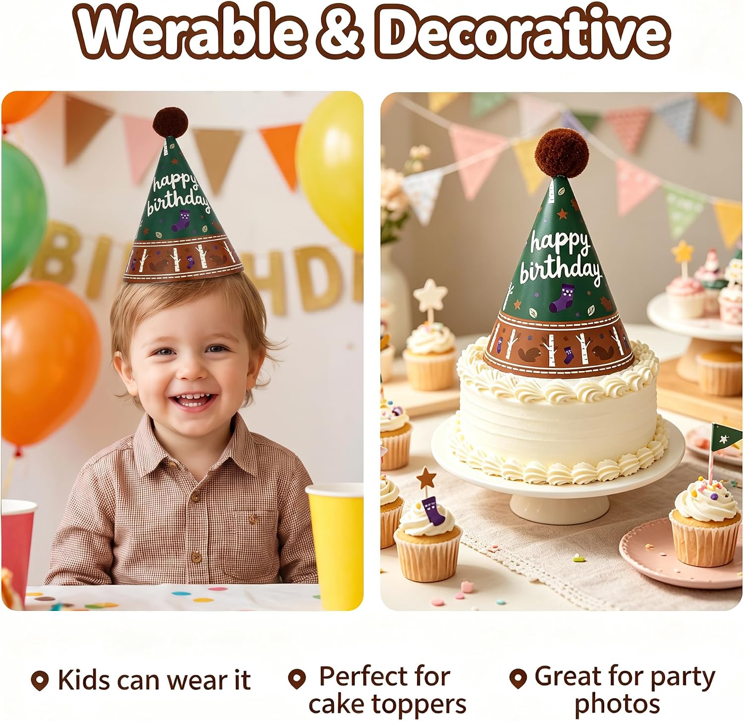 Pre-Assembled Mini Party Hats for Stuffed Animals, Kids & Pets, 12 Pcs Beaver Birthday Hats, Pre-Shaped Paper Cone Caps with Attached Strings, DIY Brown Pom Poms