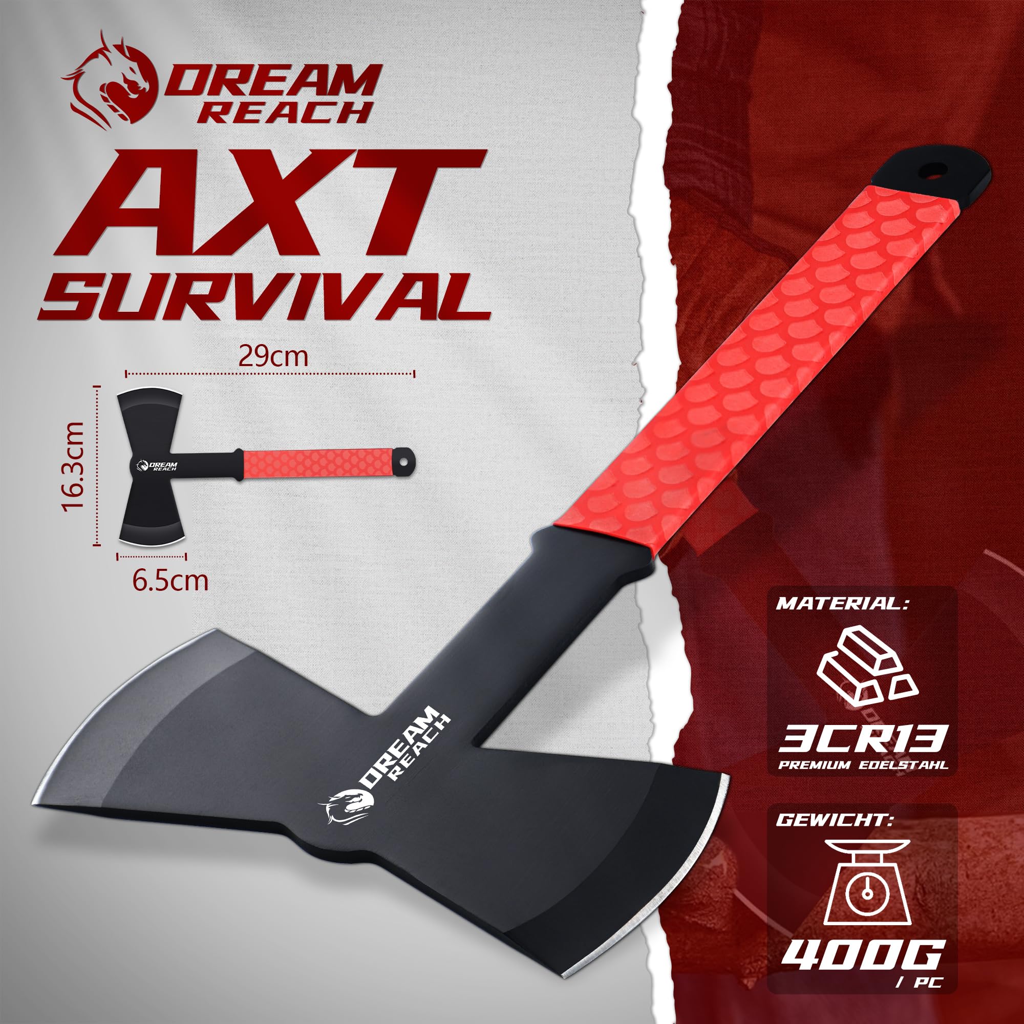 Dream Reach 3PCS Double Edged Äxte Set, Full Tang Handle mit roter Gummihülle Survival Axt, Camping Outdoor Viking Axt für Bushcraft, Wald, Garten, Geschenke für Männer