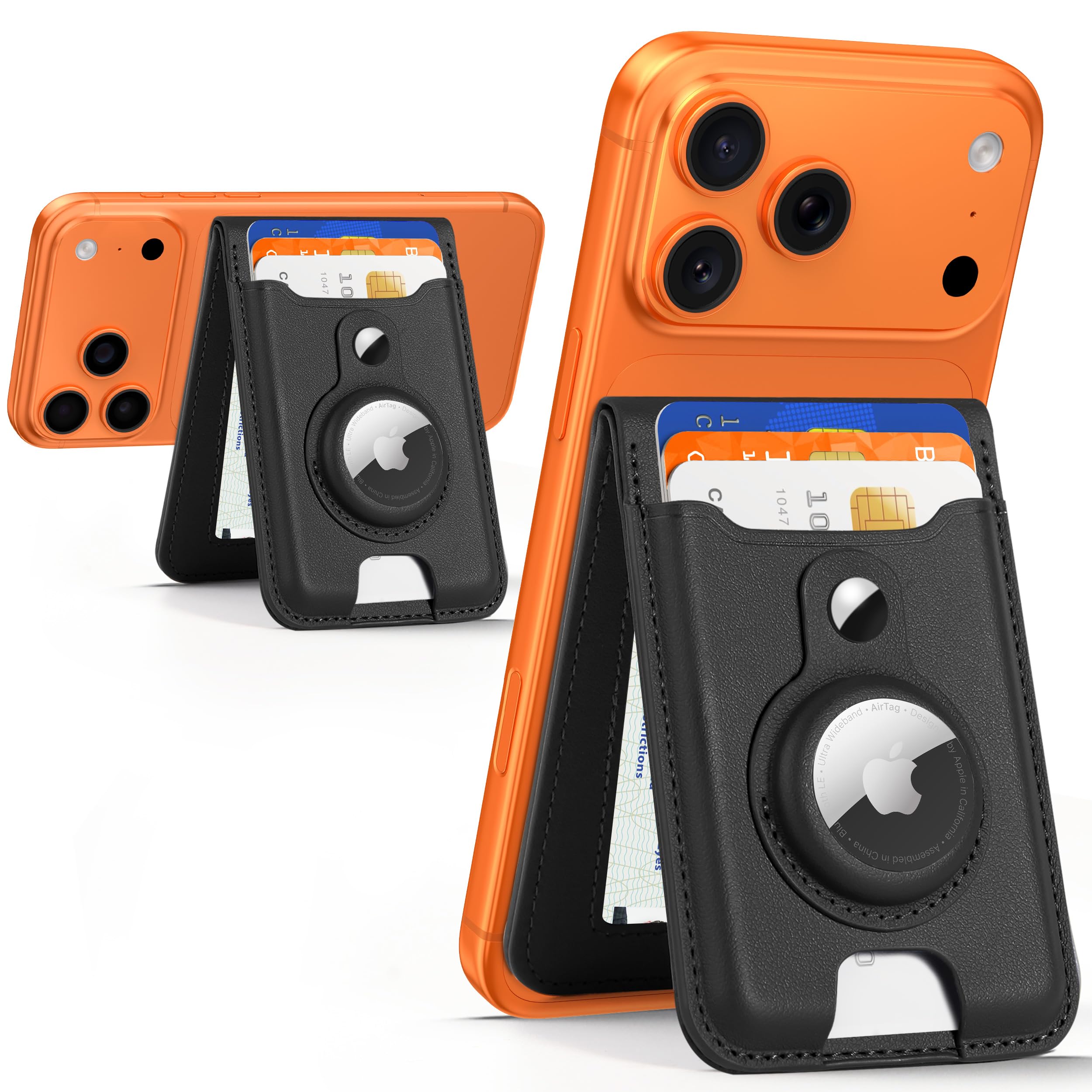 HiWe for Magsafe Wallet Stand with Airtag Holder, Strongest Magnetic Wallet for iPhone 17/16/15/14/13/12 Series, 6 Cards Holder, ID Window, Leather RFID, 3 Slots, Black