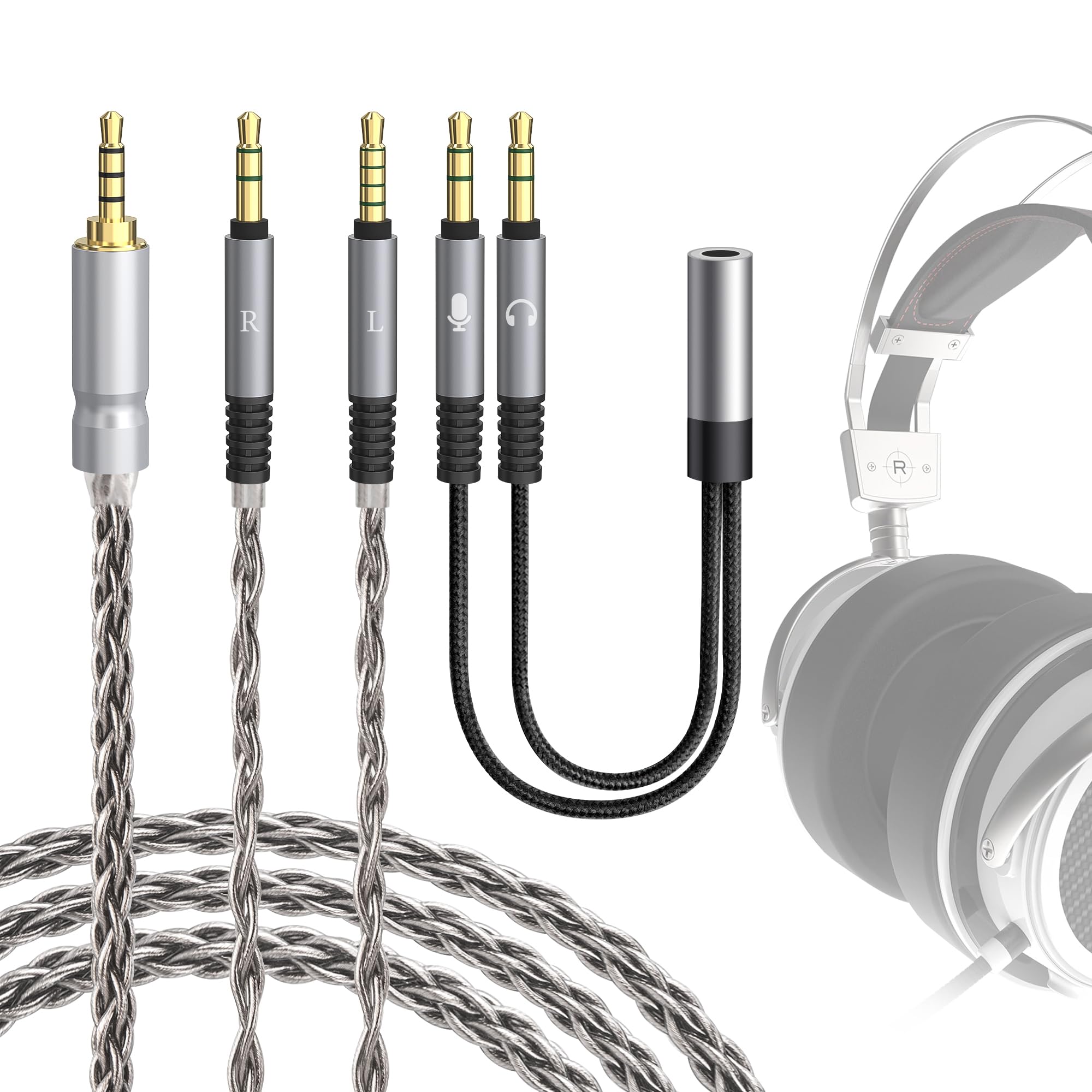 GEEKRIA Apollo Silver-Plated Copper Upgrade Audio Cable Compatible with VZR Model One Audiophile Gaming Headset, 3.5mm (1/8'') to Dual 3.5mm Replacement Headphones Cord (4.9 ft / 1.5 m)