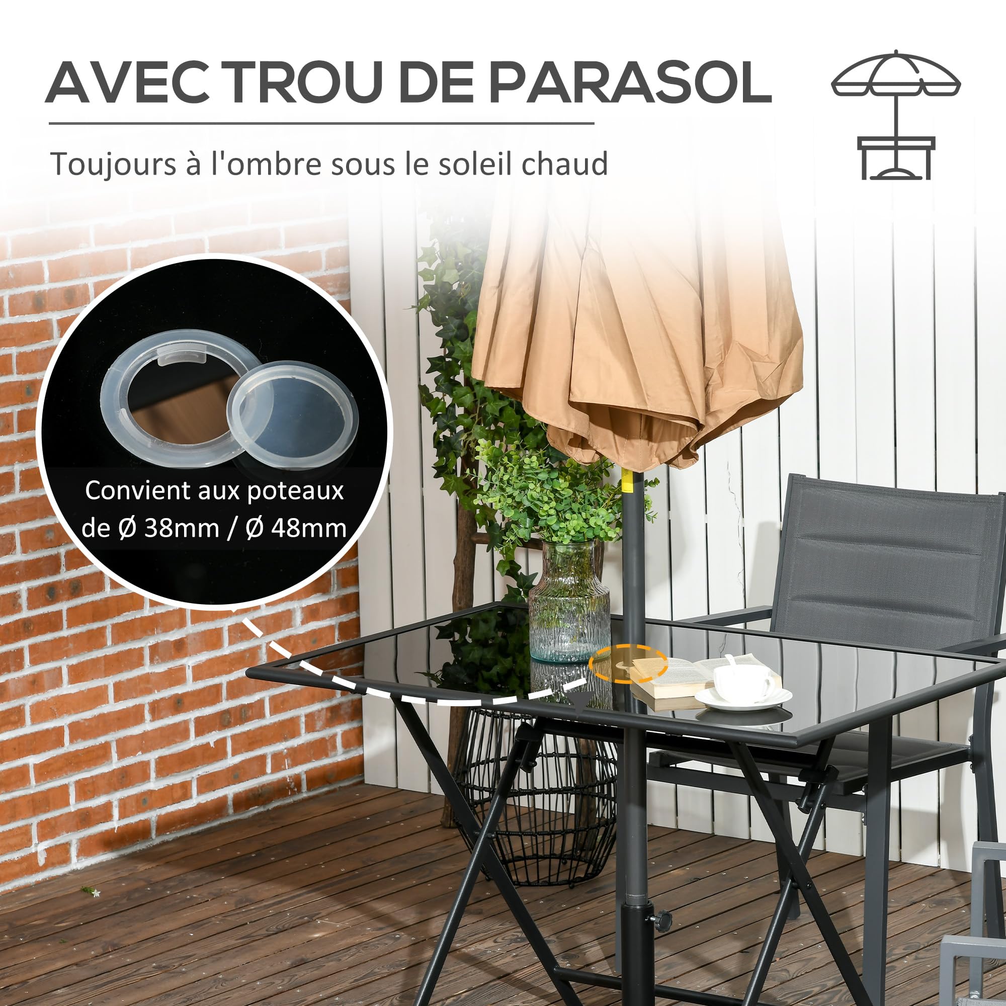 Outsunny Table à Manger de Jardin Pliable pour 6 Personnes, avec Plateau en Verre trempé, Table extérieure rectangulaire avec Trou de Parasol pour Jardin, Patio, terrasse, 110 x 70 x 70 cm, Noir
