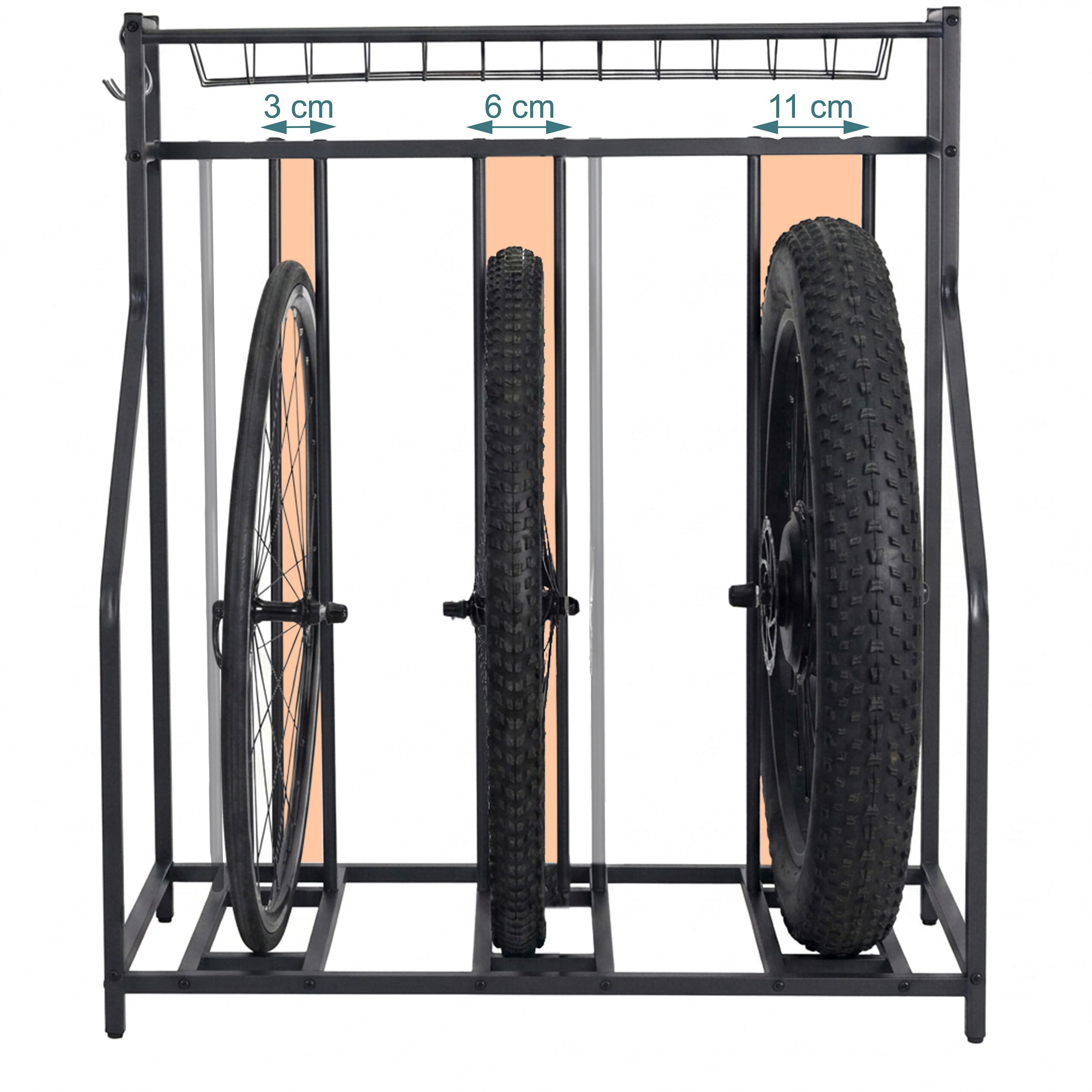 Relaxdays Portabici da Terra per 3 Biciclette, Larghezza Pneumatici Regolabile 3–11 cm, Cesto e 6 Ganci, Nero
