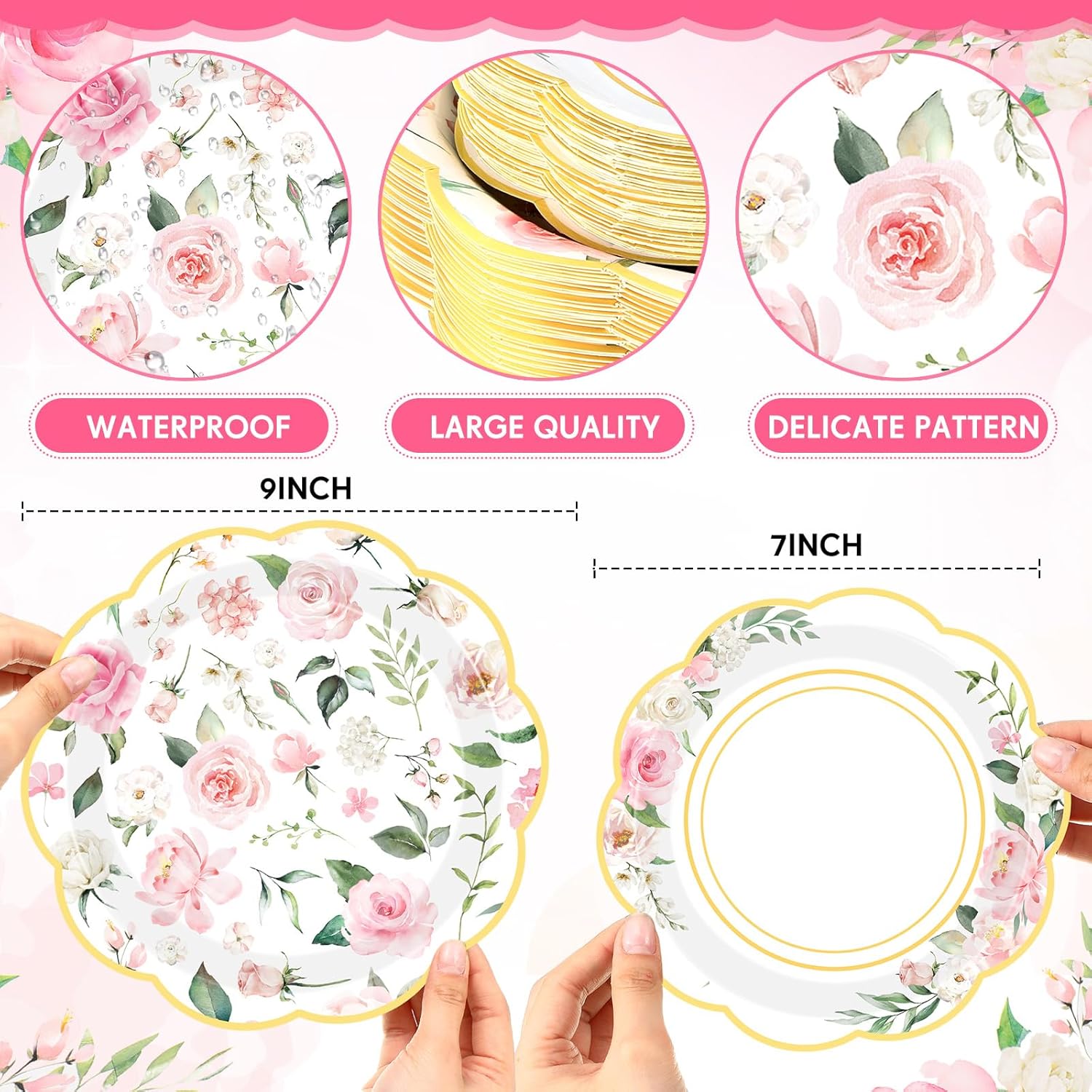 Mumufy 100 Pack Pink Floral Paper Plates 9 & 7 Disposable Wildflower Dessert Plates Floral Party Decoration Dinner Tableware for Wedding Birthday Baby Shower Bridal Garden Tea Party Supplies - Image 2