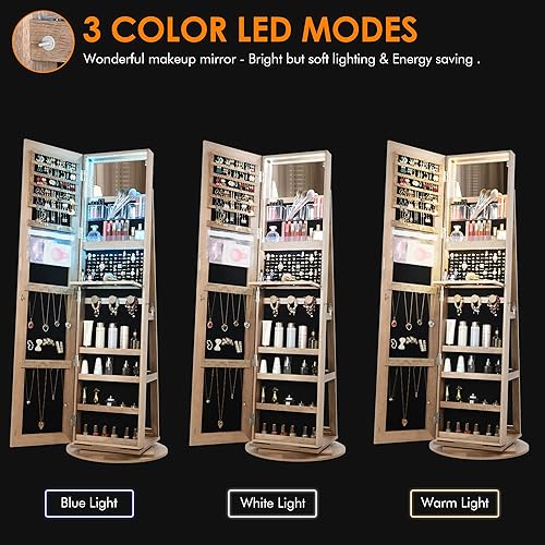 Miniatura 4 de Vlsrka LED Light Jewelry Cabinet with Full Length Mirror 360 Swivel, Large Jewelry Organizer Armoire Lockable Free Standing Mirror with Jewelry