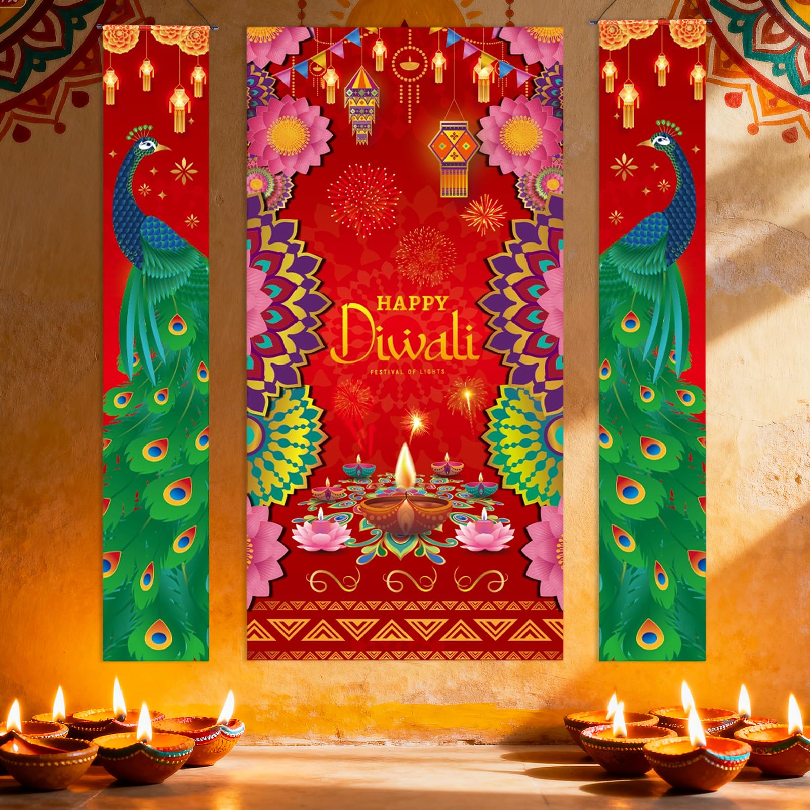 3pcs Happy Diwali Door Signs Set, Polyester Diwali Hanging Banners Peacock Festival of Light Door Decorations for Home Party - Image 4