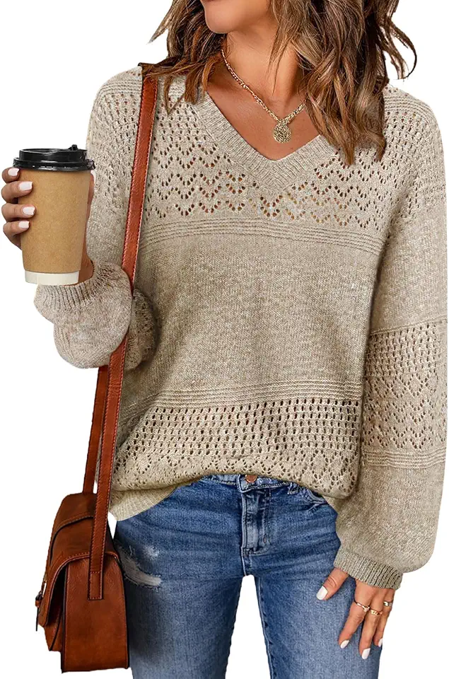 MixShe Womens Knit Sweaters 2025 Fall V Neck Long Sleeve Pullover Casual Loose Tops