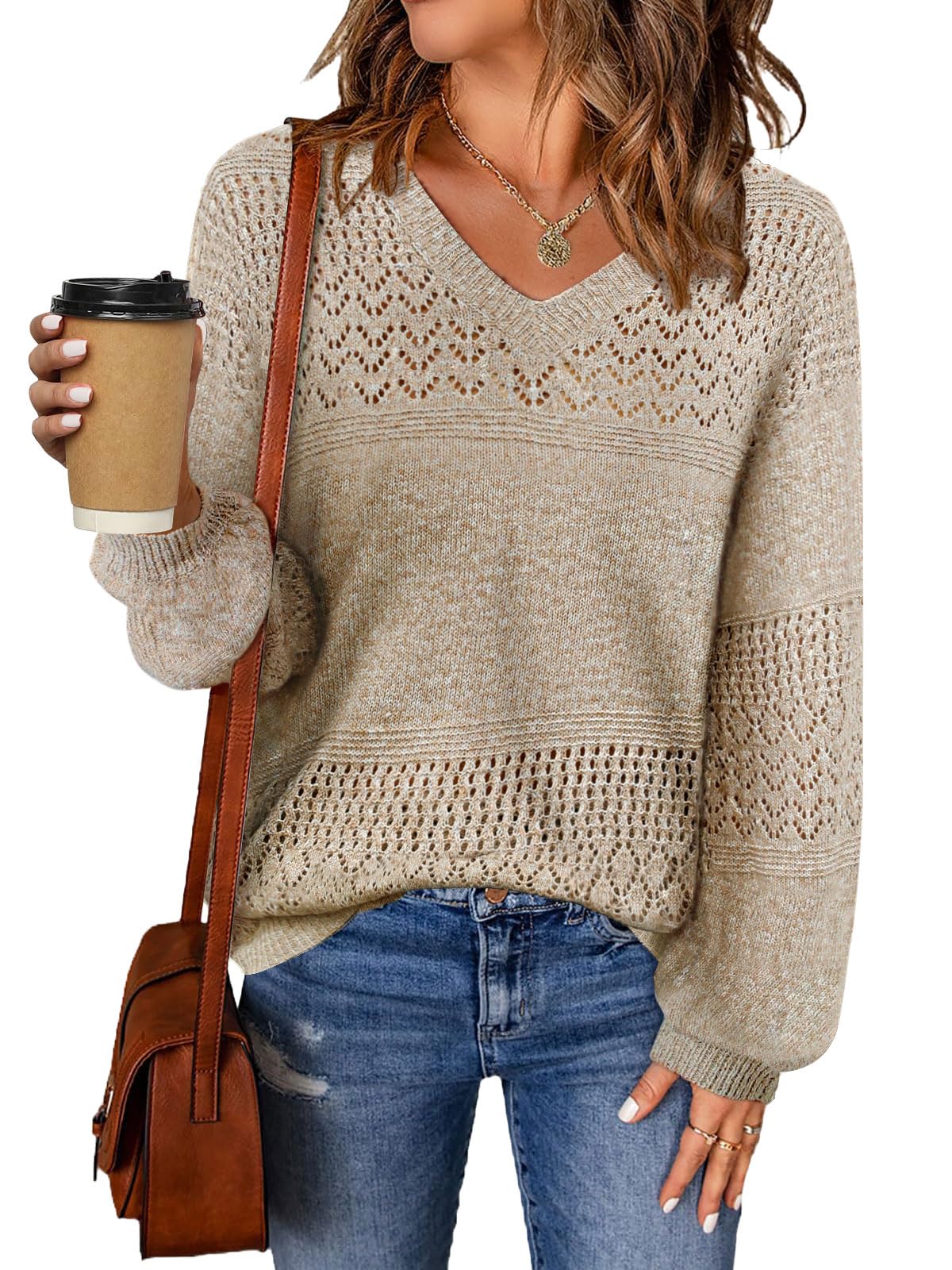 MixShe Womens Knit Sweaters 2025 Fall V Neck Long Sleeve Pullover Casual Loose Tops
