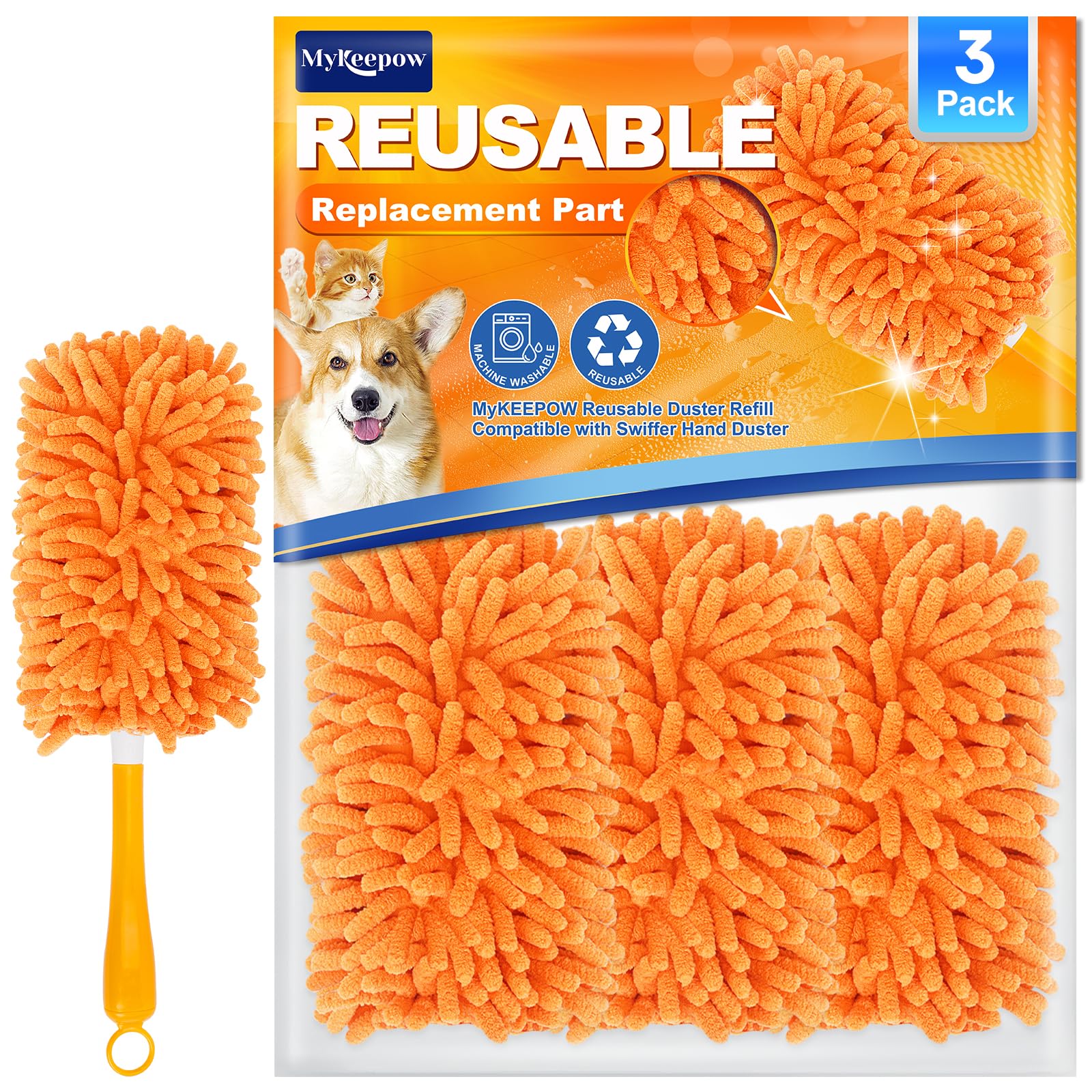 MyKEEPOW Reusable Duster Refill for Swiffer Hand Duster, 360 Degree Duster Refills for Cleaning, Ceiling Fan, Orange, 3 Pack (Handle is Not Included)