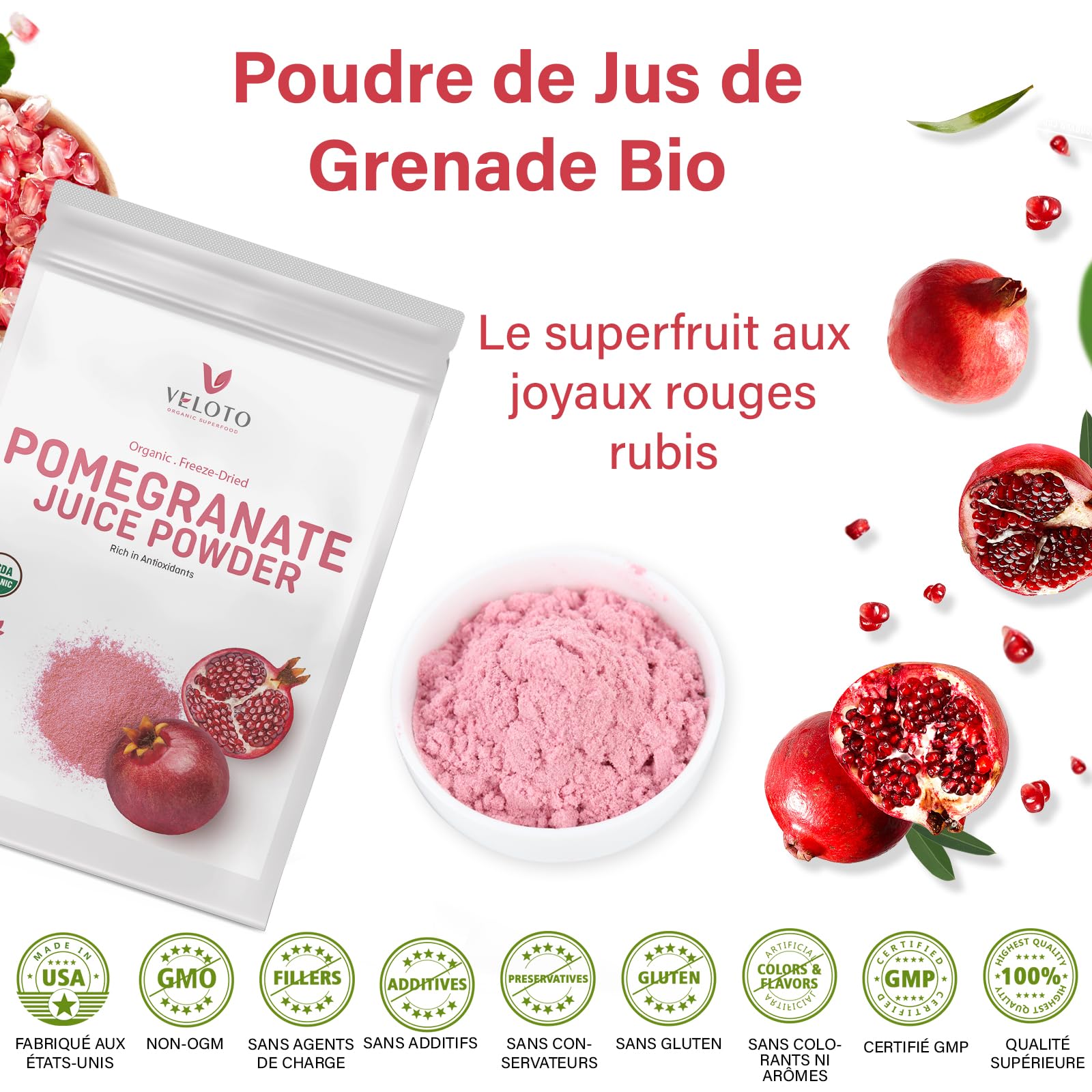 Poudre de Grenade Biologique, 454g Poudre de Fruit de Grenade 100% Naturelle – Riche en Antioxydants, Soutien Immunitaire, Sans OGM, Sans Gluten, Vegan – Pour Smoothies, Yaourts et Shakes
