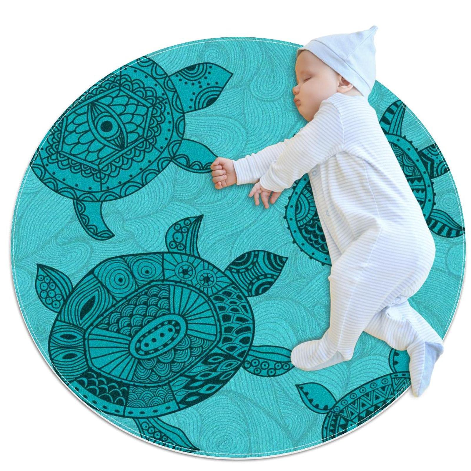 Tapis rond 31.5x31.5PO motif de tortues antidérapant