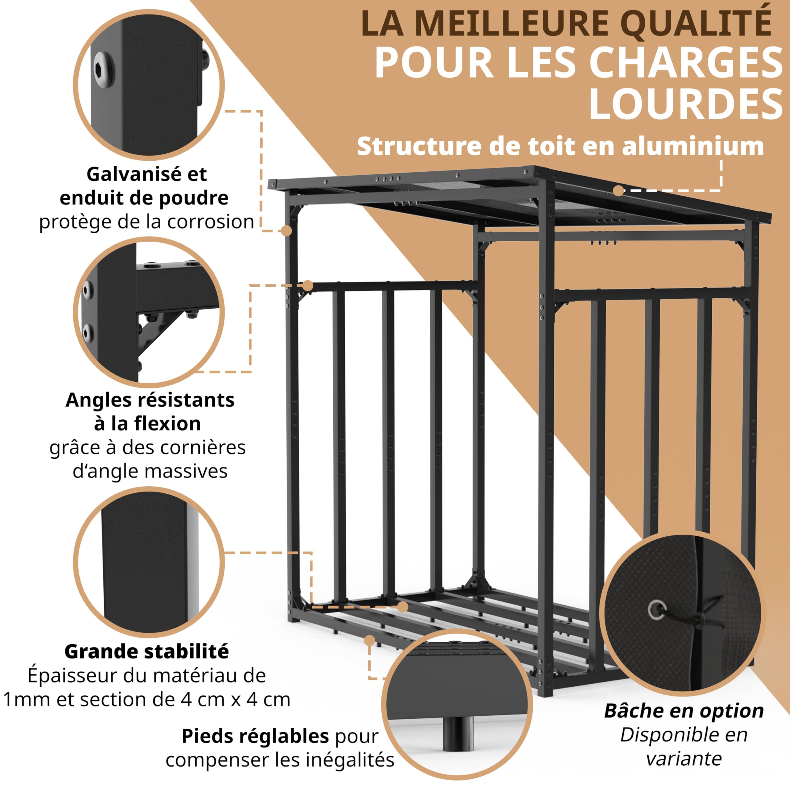 Étagère à bois de cheminée en métal extérieur, Anthracite, 185x105x185cm | galvanisée Anthracite Section 4 x 4 cm Charge maximale 3,5 t Avec toit abri bûche pour bois de chauffage Range buche