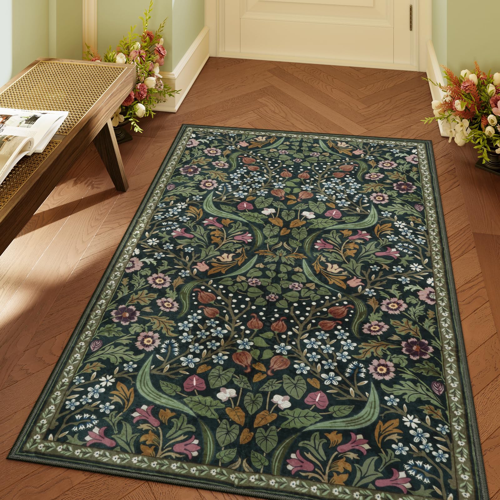 Lahome Olive Green Botanical Rug, 3x5 Washable Floral Entryway Rug, Vintage Soft Low Pile Cottagecore Flower Area Rug with Non Slip Backing for Indoor Front Door, Bedroom, Dorm — image 1