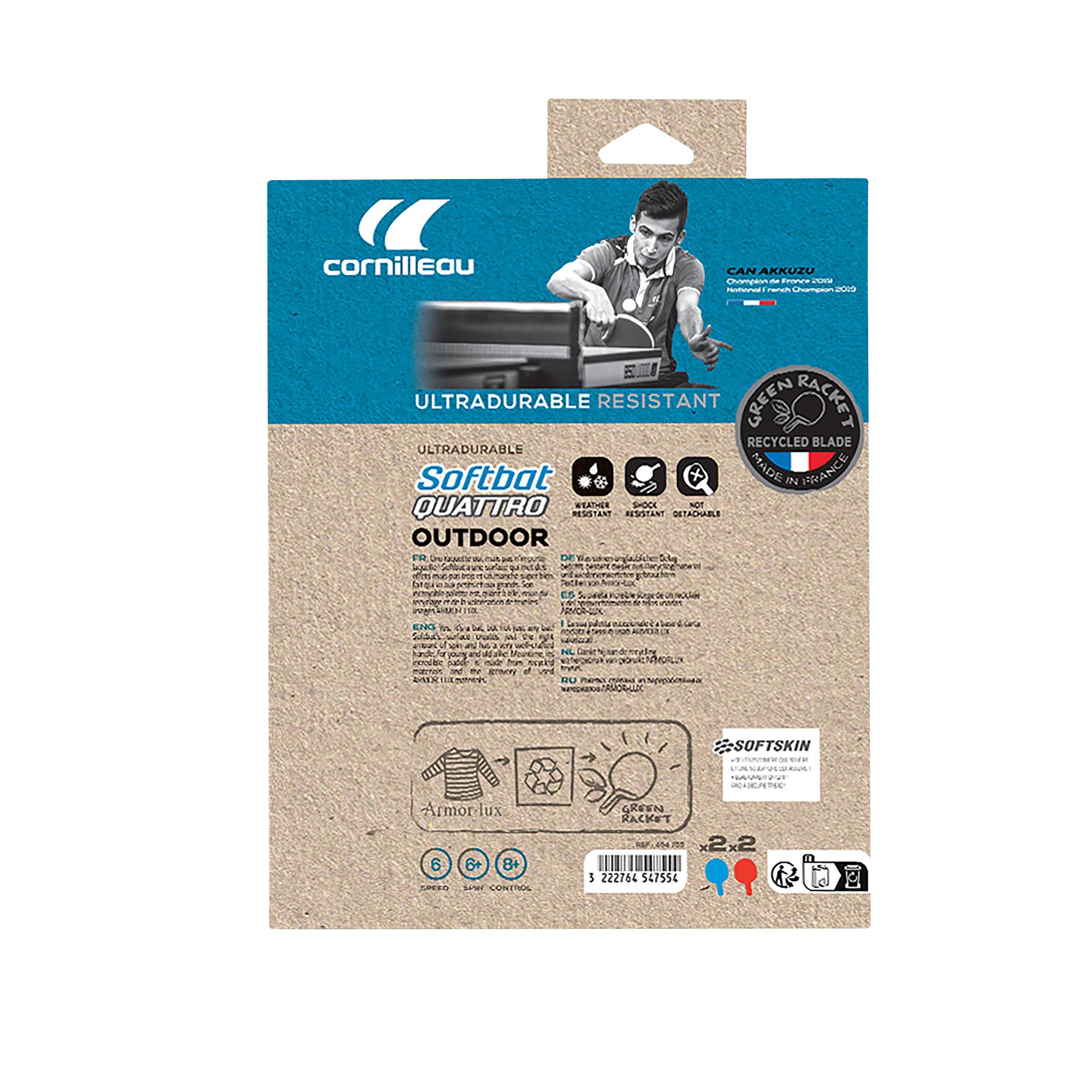 Cornilleau SOFTBAT Pack Quattro - 4 raquettes de ping-pong extérieur éco-conçues ultra durables + 4 balles