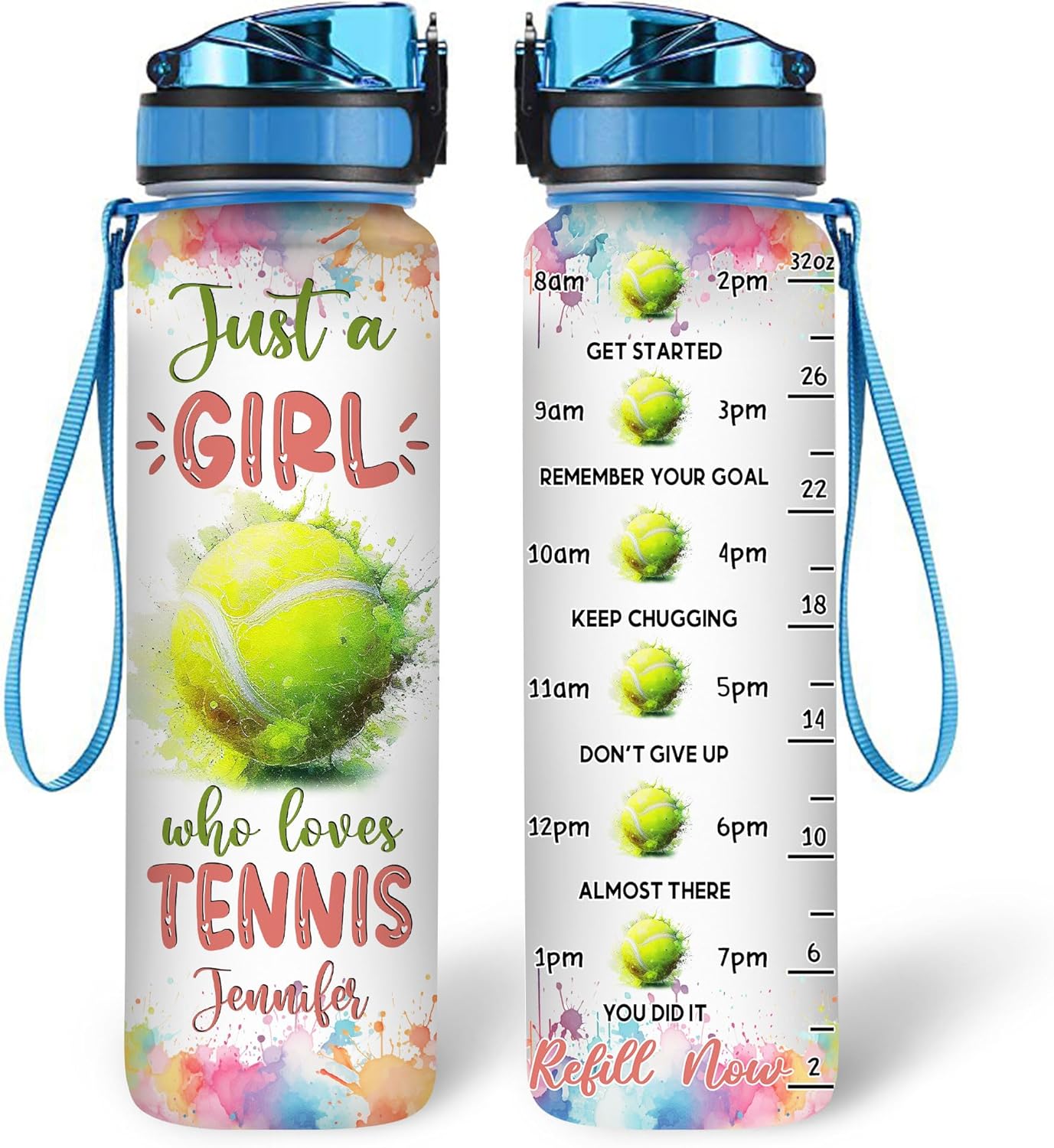 Hyturtle Personalized Tennis Lovers 32 Oz 1Liter Motivational Water Bottle With Time Marker, Just A Girl Who Loves Tennis, Sport Lovers Gifts For Women, Girl, Player On Birthday, Christmas