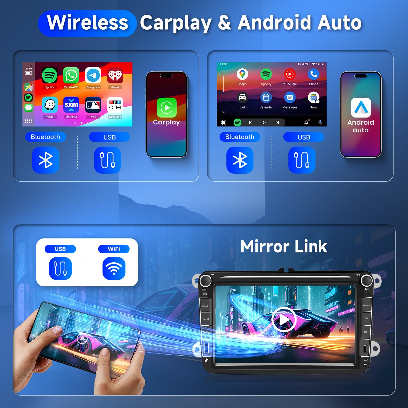 【2+64G】 Carplay Autoradio pour VW Passat Golf Seat Altea Skoda Octavia avec USB/Type-C,Android Poste Radio Voiture,8 Pouce Touchsreen avec Android Auto/WiFi/GPS/RDS/FM/Bluetooth/USB+Camera de Recul