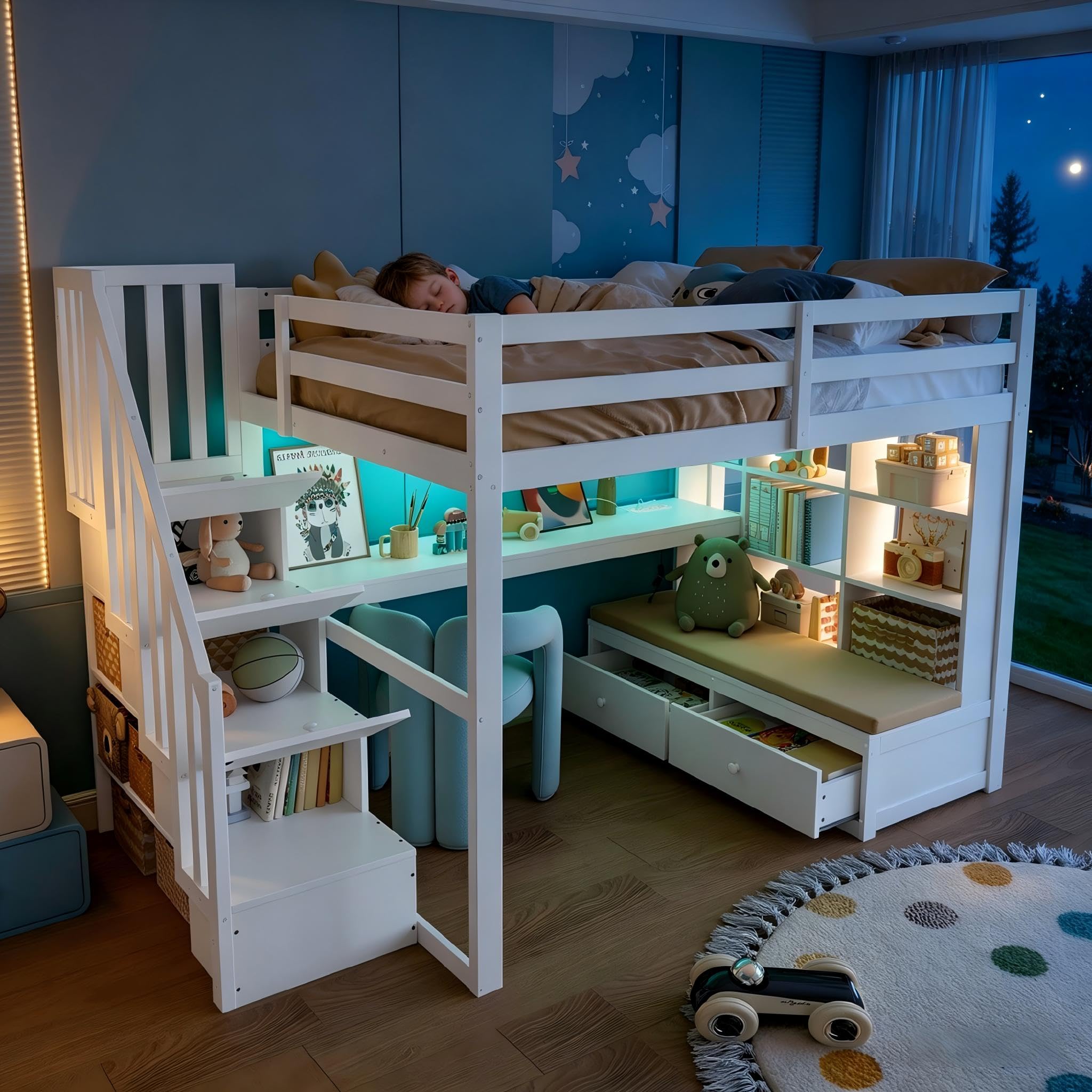 Su & Chan Legence Hochbett 140x200 mit Schreibtisch, Kinderbett aus massivem Kiefernholz mit Stauraumtreppe, Schubladen, Regalen und LED Beleuchtung, Weiß