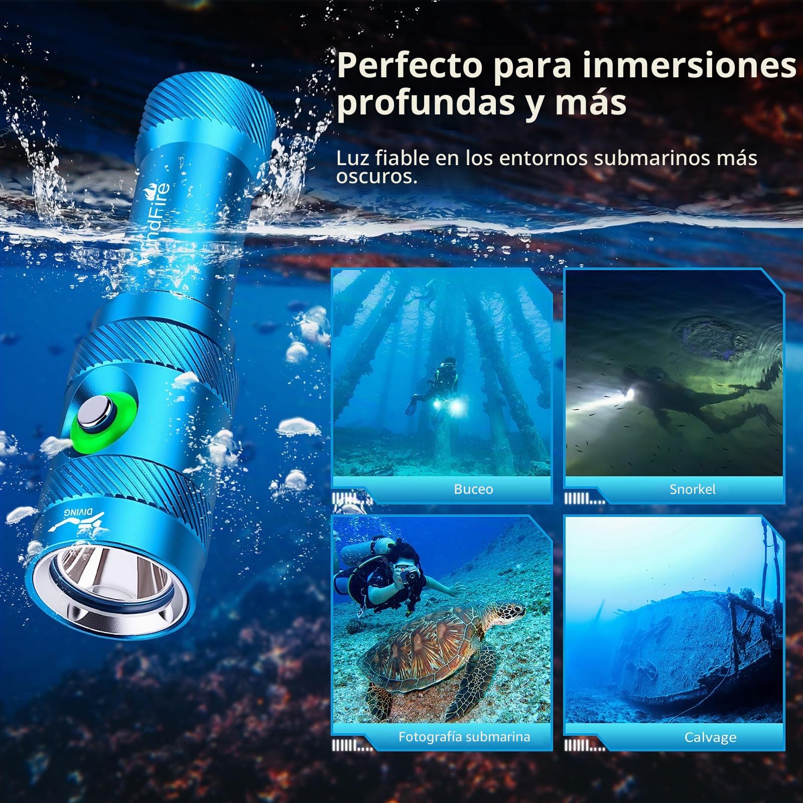 WINDFIRE Linternas de buceo, IPX8 impermeable profesional recargable luz de buceo, linterna submarinismo