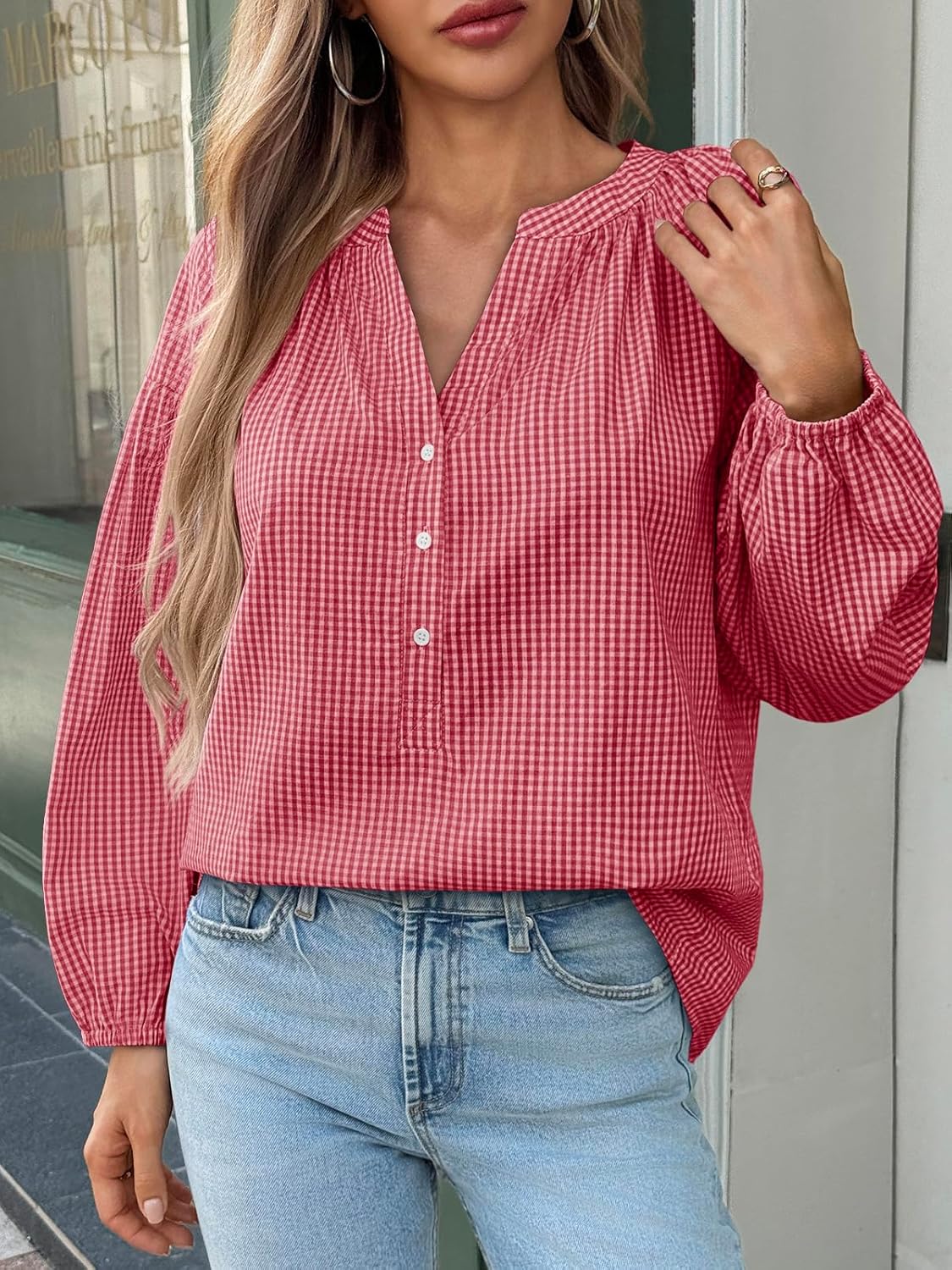 Cicy Bell Womens Puff Long Sleeve Blouse Gingham Pleated V Neck Button Down Shirts Loose Fit Dressy Casual Fall Tops - Image 3