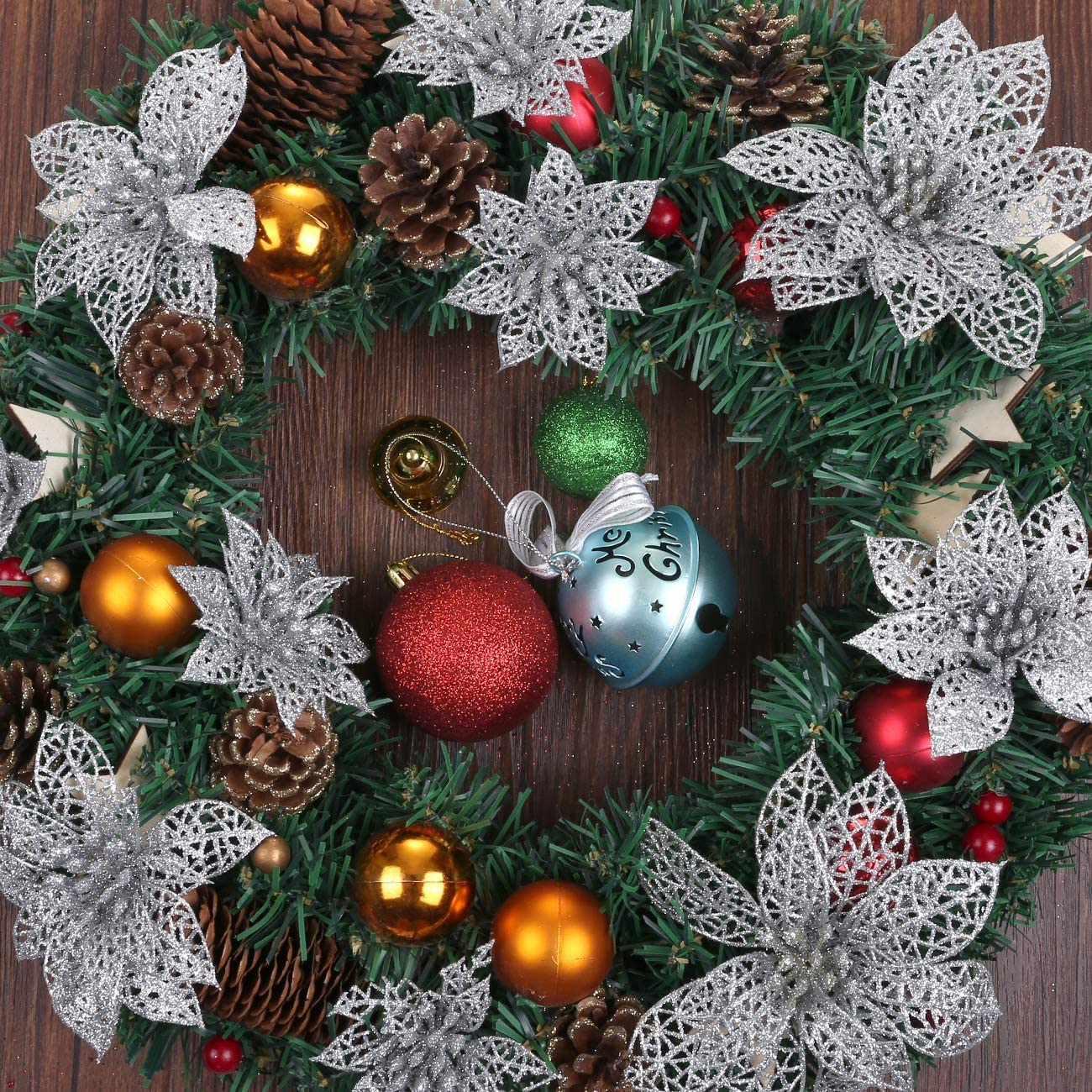 Lot De 24 Fleurs De Poinsettia Artificielles à Paillettes