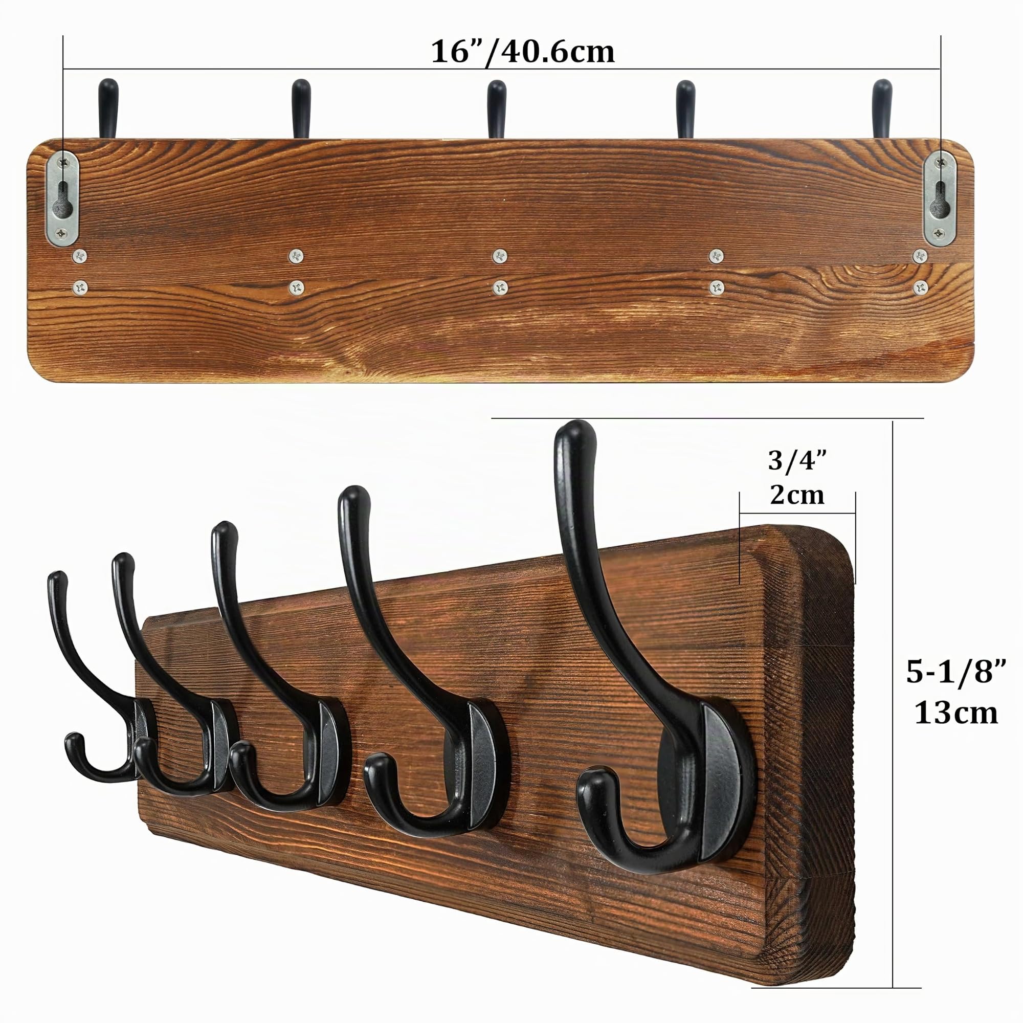 WEBI Appendiabiti da Parete,Attaccapanni da Muro con 5 Ganci,Appendiabiti da Muro Legno,Appendino da Muro,Attaccapanni da Parete per Ingresso Cappotto,Vestiti,Marrone Rustico,2 Pezzi