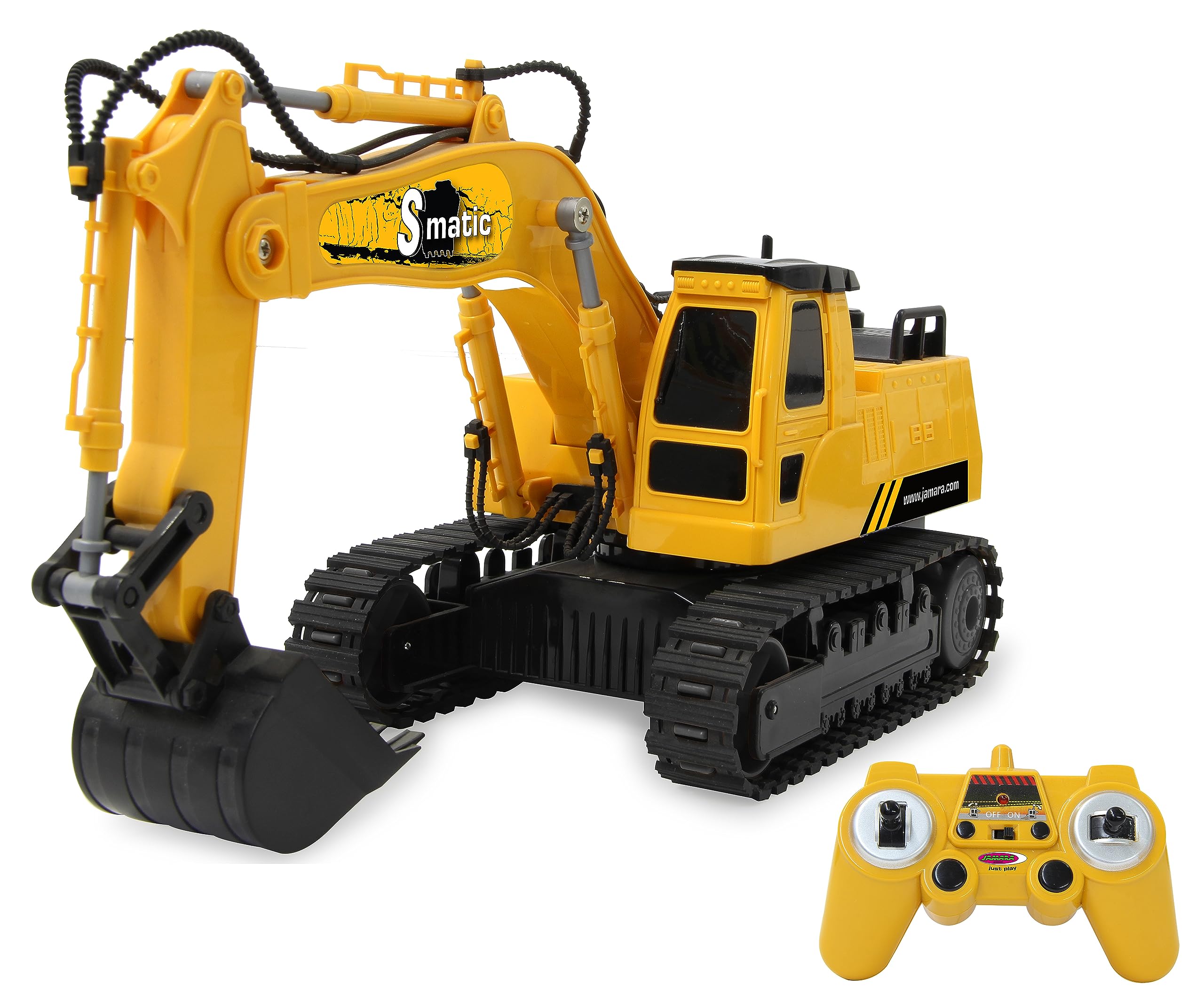 JAMARA S-Matic - Excavadora de 2,4 GHz, rotación de Torre de 360°, Carga/Descarga, Color Amarillo