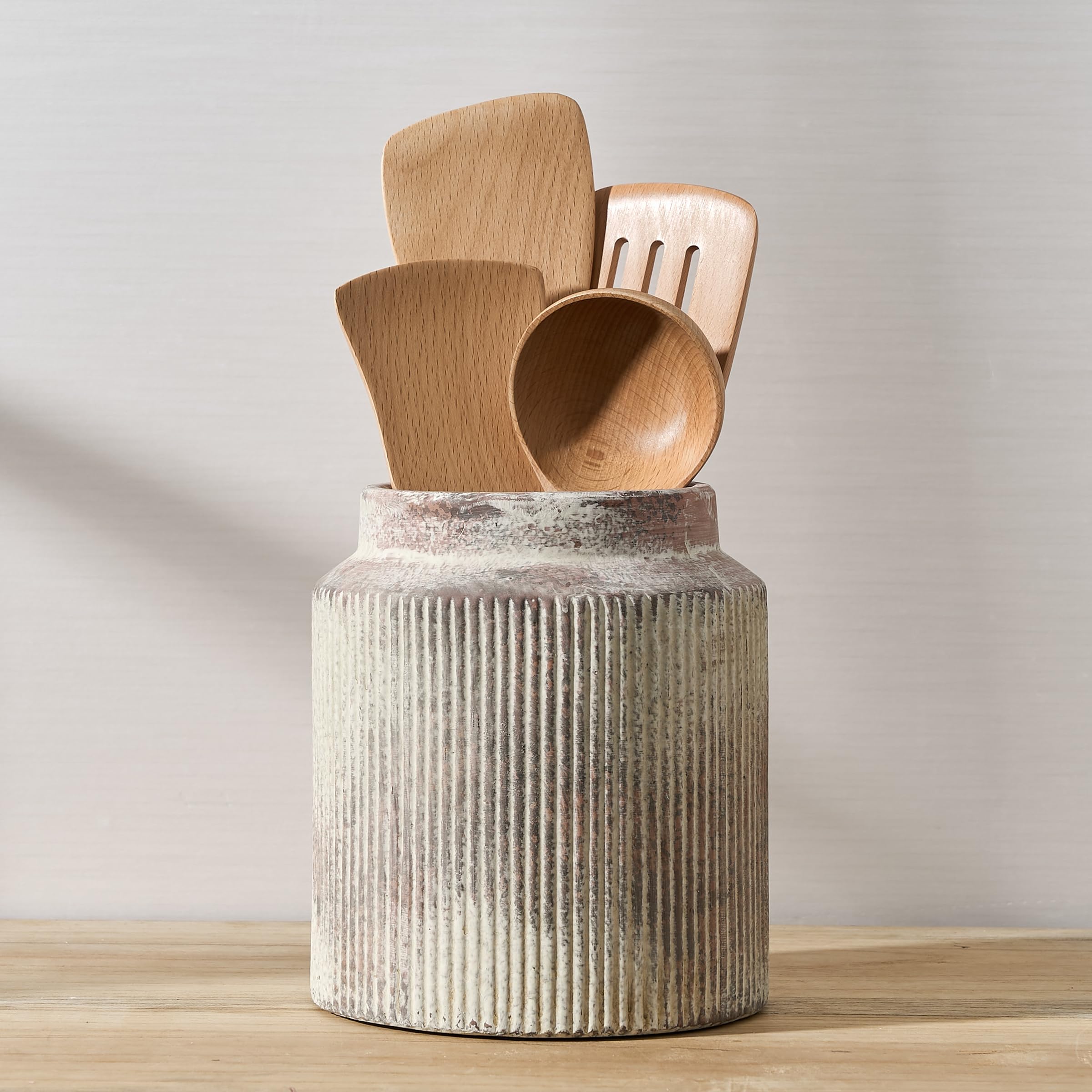 Jiemei Home Küchenutensilienhalter, 17,8 cm, Keramik, Bauernhaus, stabiler Utensilientopf für Arbeitsplatte, Vintage-Stil, Kochutensilien-Organizer mit Korkmatte, Spatel-Halter für Küchendekoration