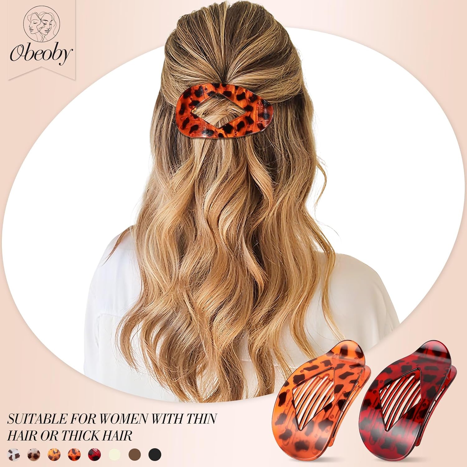 Obeoby 8 Pcs Flat Claw Clips for Women, Strong Hold French Flat Hair Clips for Thick Thin Hair Barrettes Accessories Round Large Medium (Tortoiseshell) - Image 4