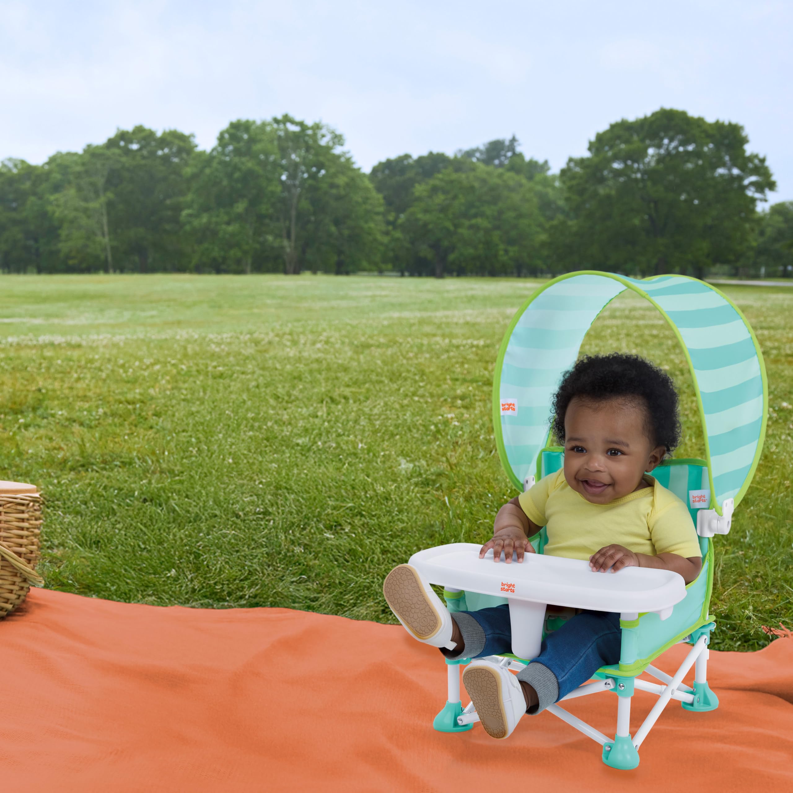 Bright Starts, Rehausseur portable Pop ’N Sit Cabana, parasol UPF, siège sol, intérieur extérieur, pliable compact, 6 mois 3 ans
