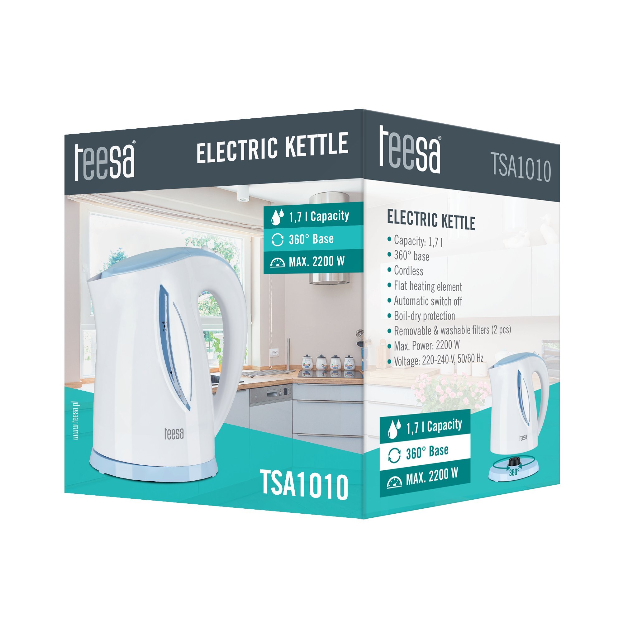 Teesa Czajnik Elektryczny Bezprzewodowy 1,7 L Moc 2200 W Ochrona przed Przegrzaniem TSA1010