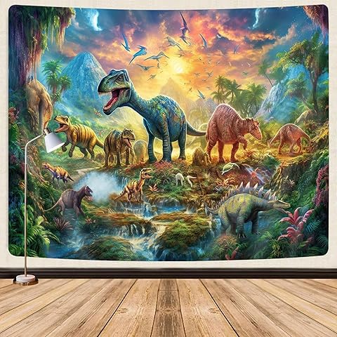 GOAOK Dinosaur Decor Tapestry for Kids Boys Bedroom, Cute Dino Forest Anicient Animals Fairytale Tapestries Wall Hanging for College Dorm Home, Funny T-Rex Poster Blanket 60X40 Inch