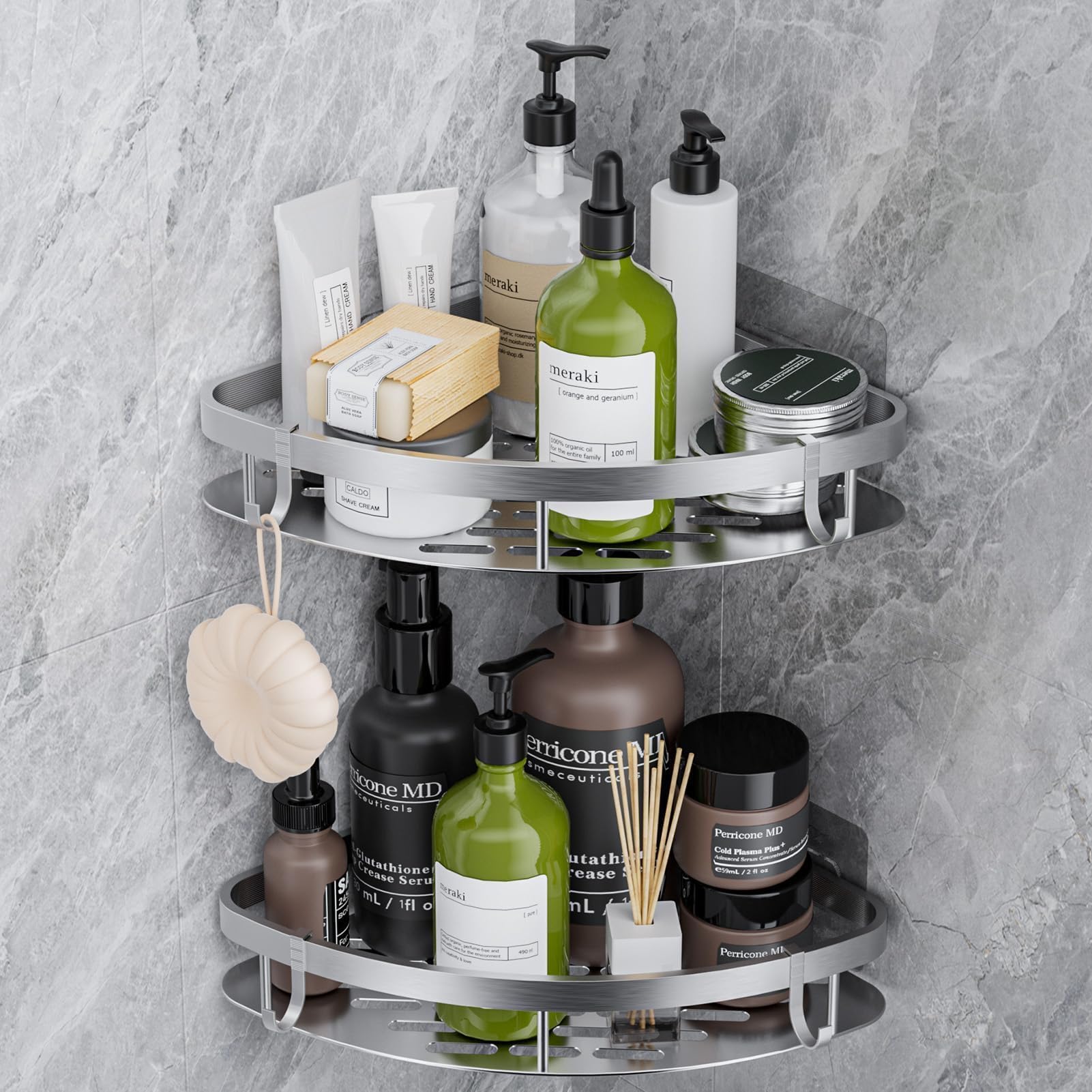 GlasFlength Estanteria Baño sin Taladros, 2 Piezas Esquinero Baño Ducha con 4 Ganchos Antioxidante Estanteria Ducha Baño sin Tornillos Antioxidante Shower Organizer para Cocinas y Baños (Plata)