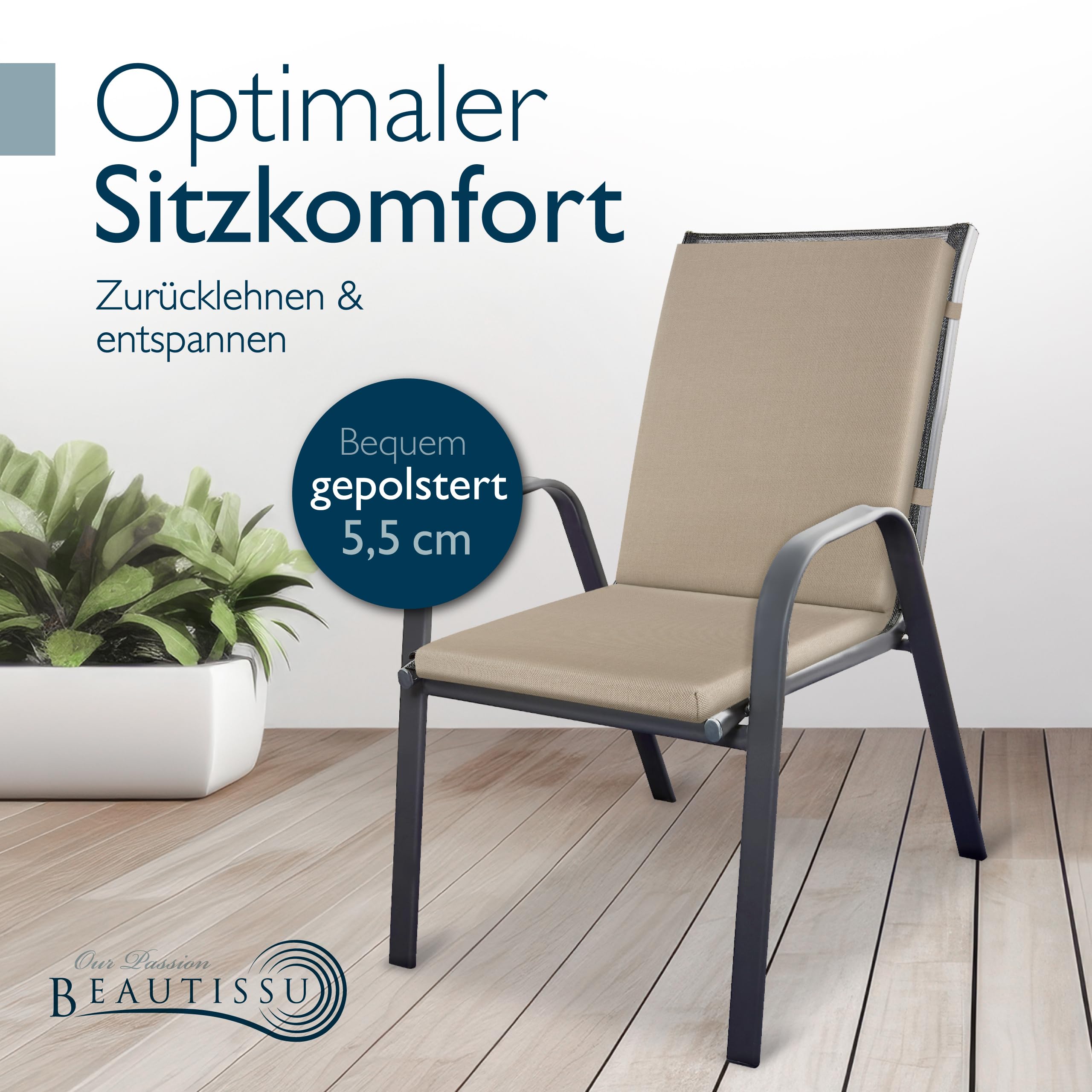 Beautissu 8er Set Premium Niedriglehner Auflage 100% Wasserdicht 100x50cm – UV-beständig Bequem Pflegeleicht Waschbar Sitzkissen Gartenstuhl – Polsterauflage Gartenmöbel Stuhlauflage Beige