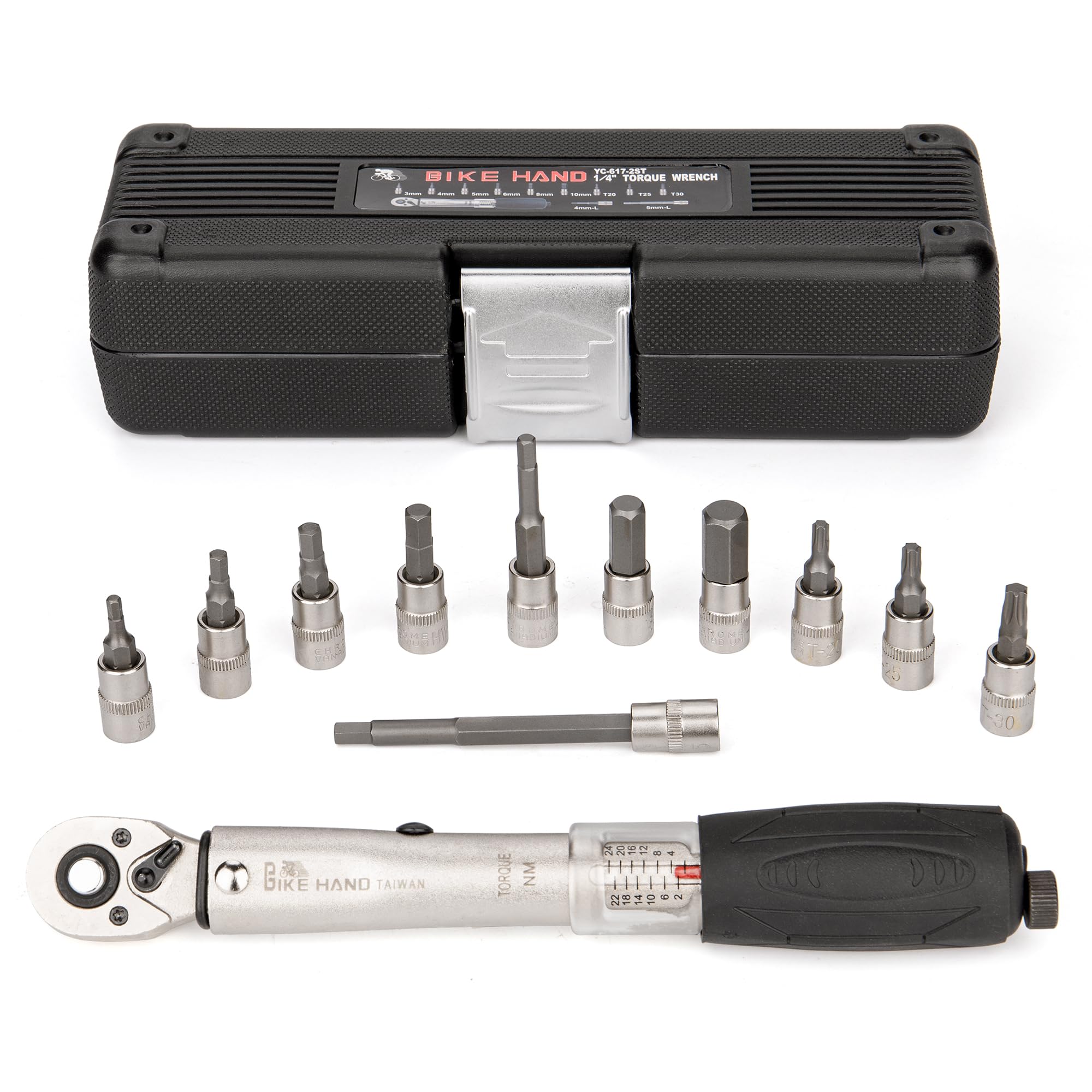 Zestaw kluczy dynamometrycznych 1/4" z funkcją kliknięcia - 2 do 24 Nm - Narzędzie do konserwacji roweru do rowerów szosowych i górskich - Z końcówkami sześciokątnymi i Torx oraz przedłużaczem 4 mm/5