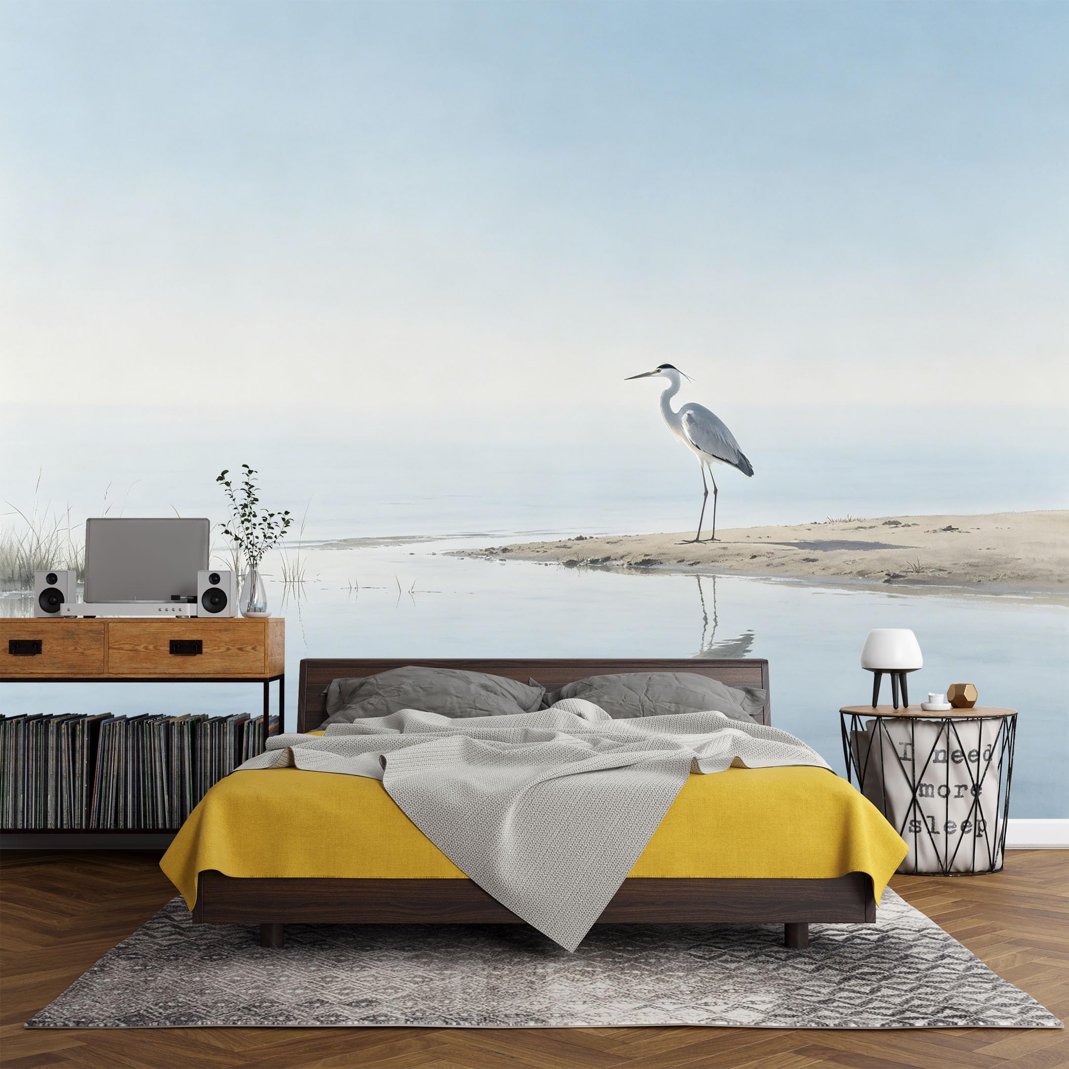 Custom Size Wall Mural， Coastal Heron Beach Shore Reflection Ocean Landscape，SelfAdhesive Art Prints wall Fabric (No PVC) Removable Wallpaper Living Room Decor