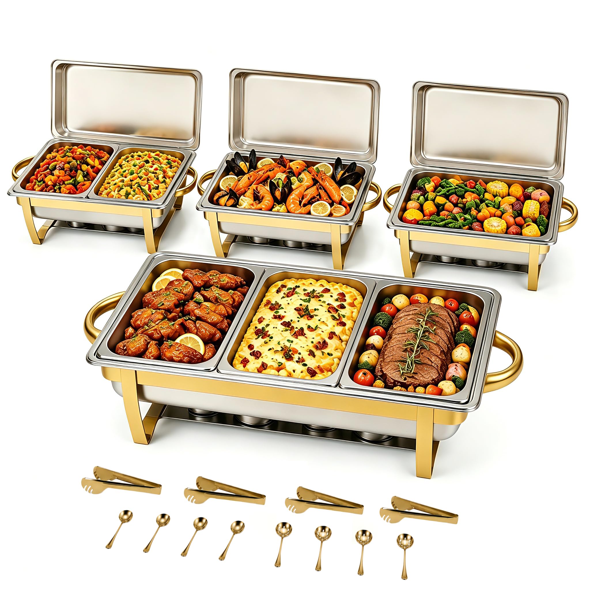 4 Stück Rechteckig Chafing Dish 9QT Edelstahl Warmhaltebehälter | Bain-Marie Heizung, 7 Pfannen, Komplettes Set mit Utensilien, Faltbarer Ständer, Stapelbare, für Kreise, Hochzeit, Catering