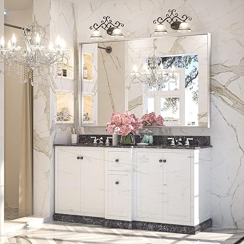 Miniatura 2 de Keonjinn Espejo de baño plateado cepillado de 16 x 24 pulgadas para pared, espejo rectangular de tocador plateado, espejo rectangular moderno con