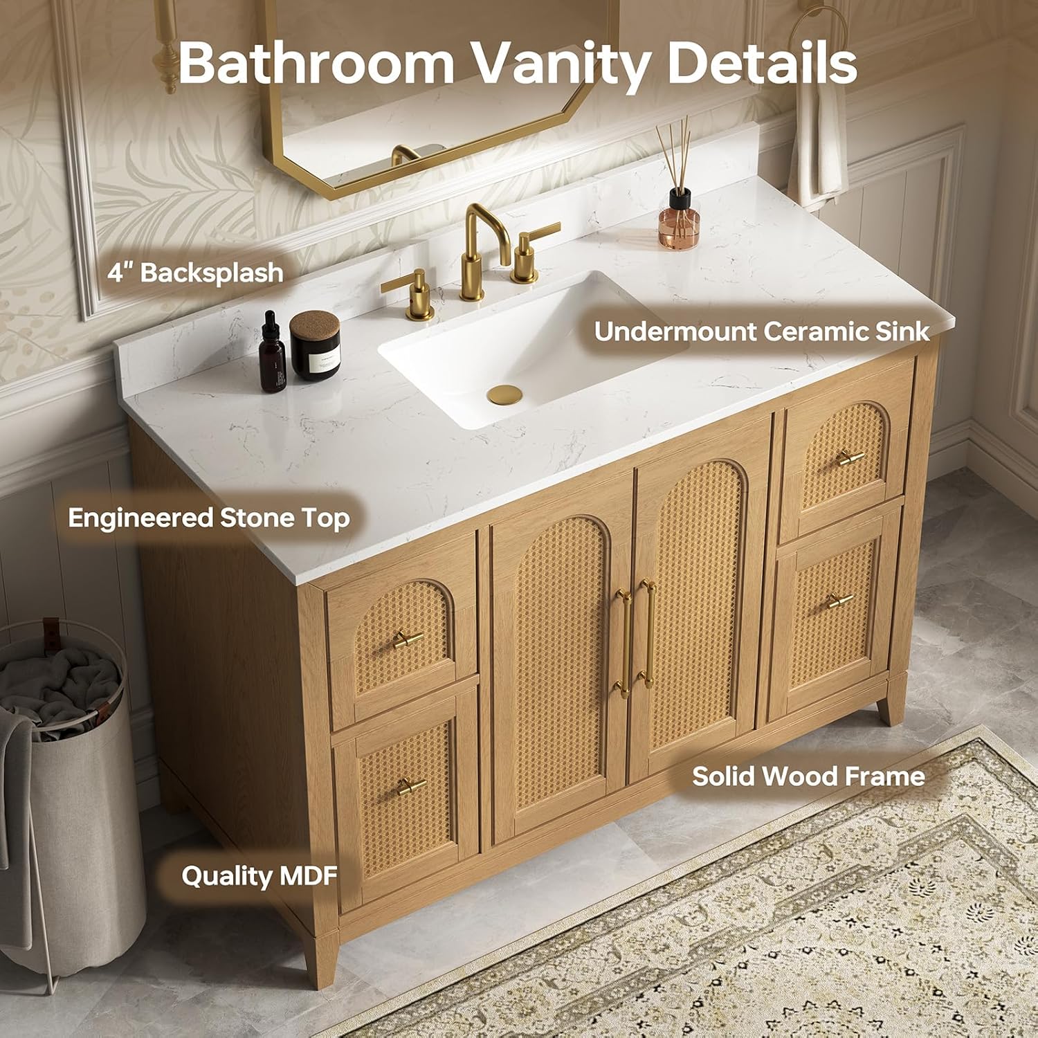 48 Inch Bathroom Vanity with Sink, Rattan Woven Bathroom Cabinet with Countertop & Backsplash Fully-Assembled, Solid Wood Vanity with Soft Closing Doors & Ceramic Sink, Light Oak