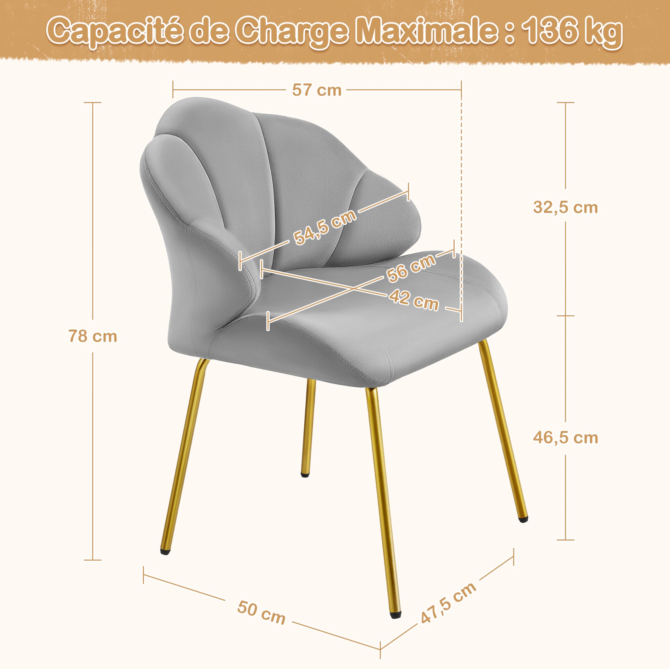 Yaheetech Fauteuil de Salon Moderne, Design Coquillage, Chaise de Chambre à Coucher Confortable, Rembourré, Ergonomique, Fauteuil en Velours avec Dossier, Pieds en Métal Plaqué Or Gris Clair