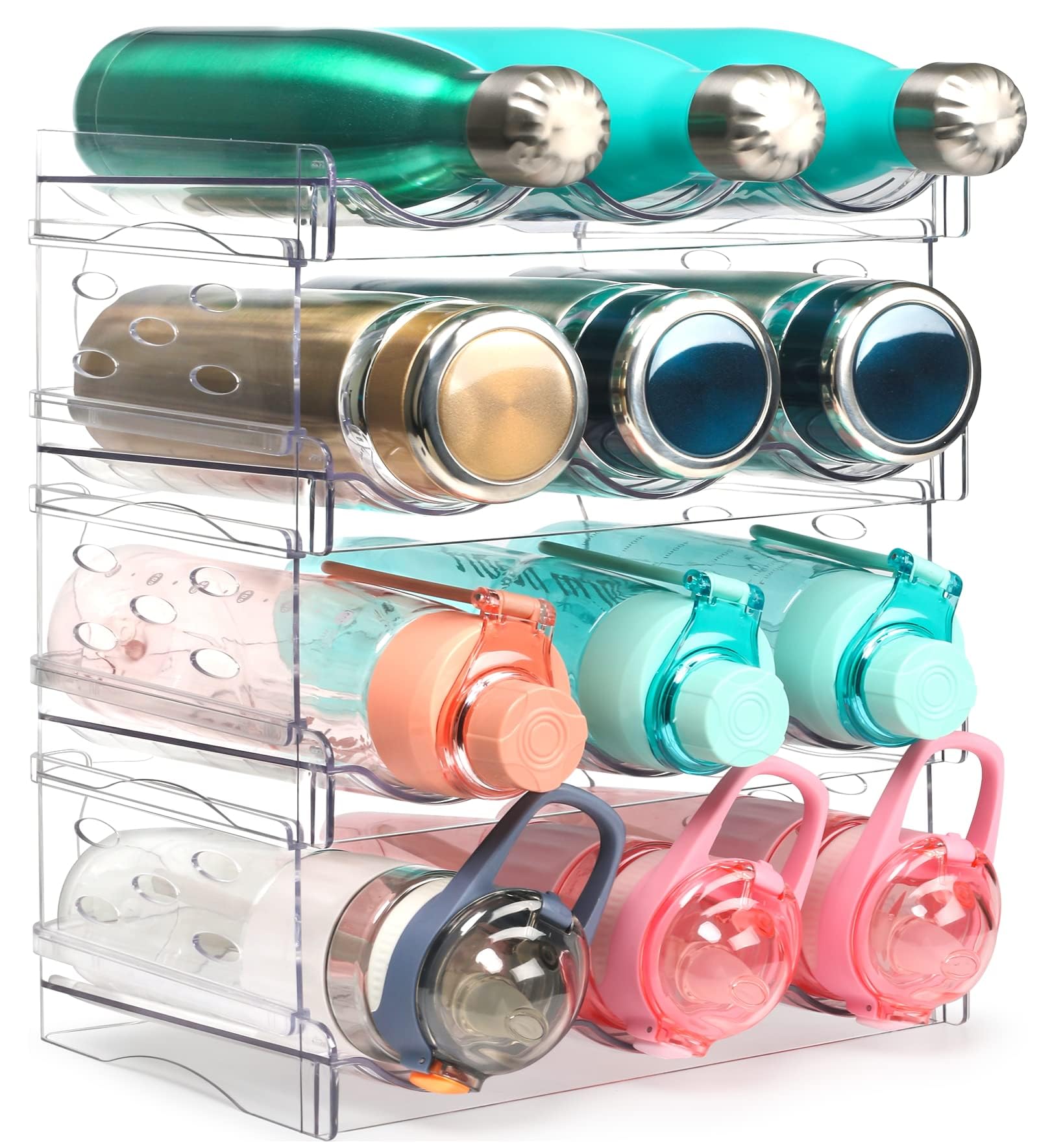 Water Bottle Organizer, 4 Pack Stackable Cup Organizer For Cabinet, Plastic Tumbler Travel Mug Holder,Stackable Water Bottle Organizer/Holder for Cabinet Fridge, Hold 12 Bottles
