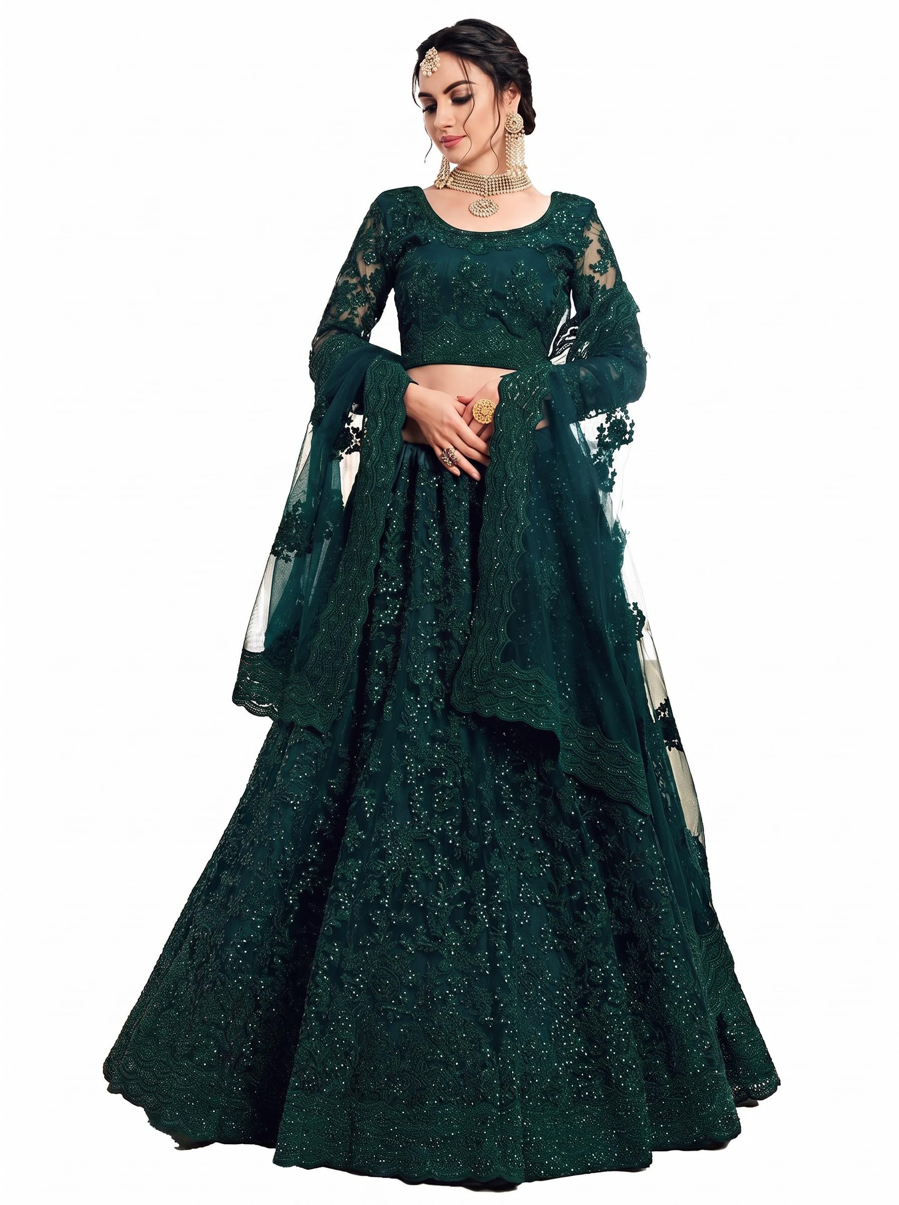 Women's Round Neck Net Embroidery Semi Stitched Lehenga Set with Choli and Dupatta for Girls-picture-21